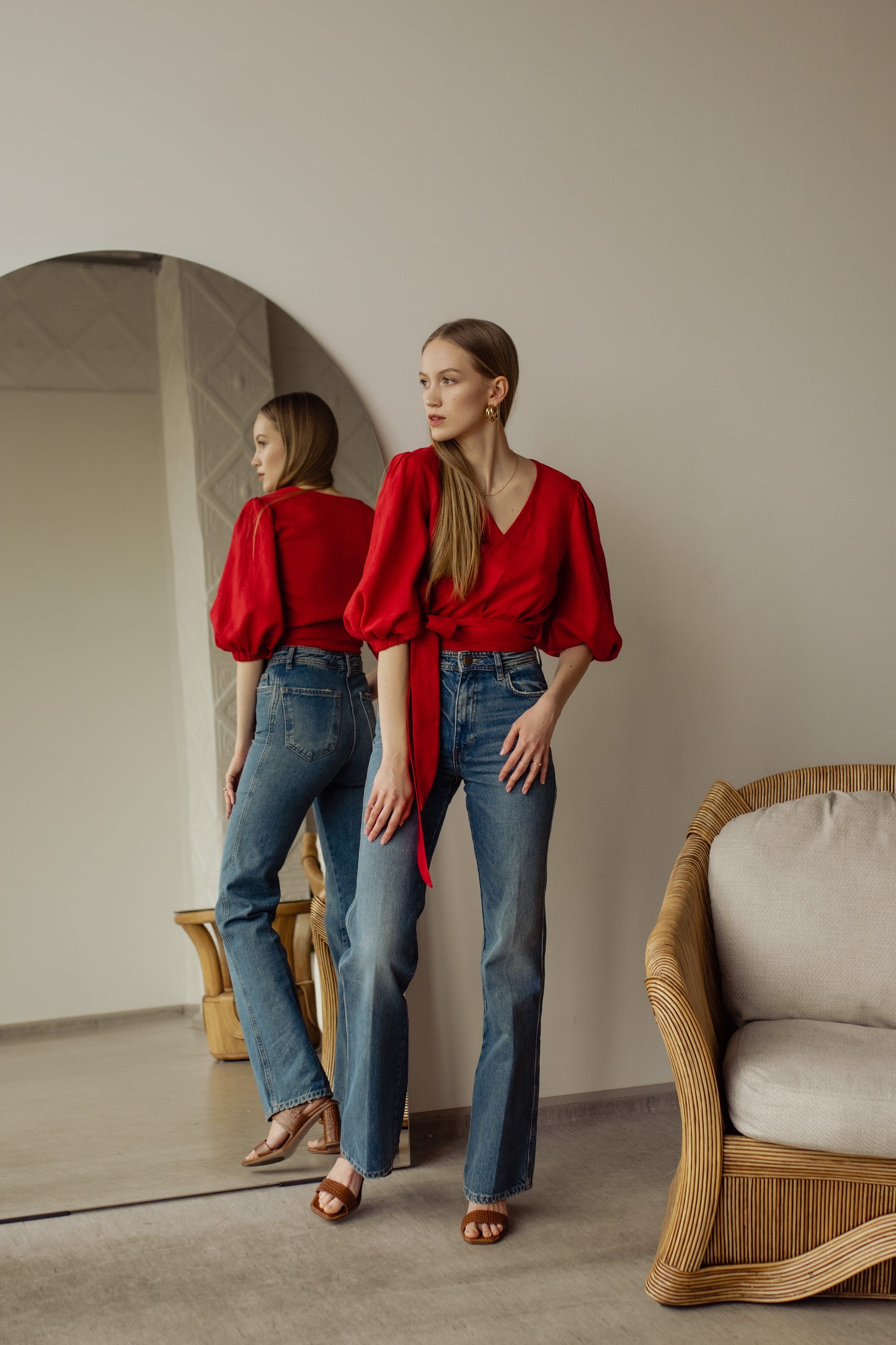LOLA BALLOON SLEEVE WRAP BLOUSE - RED