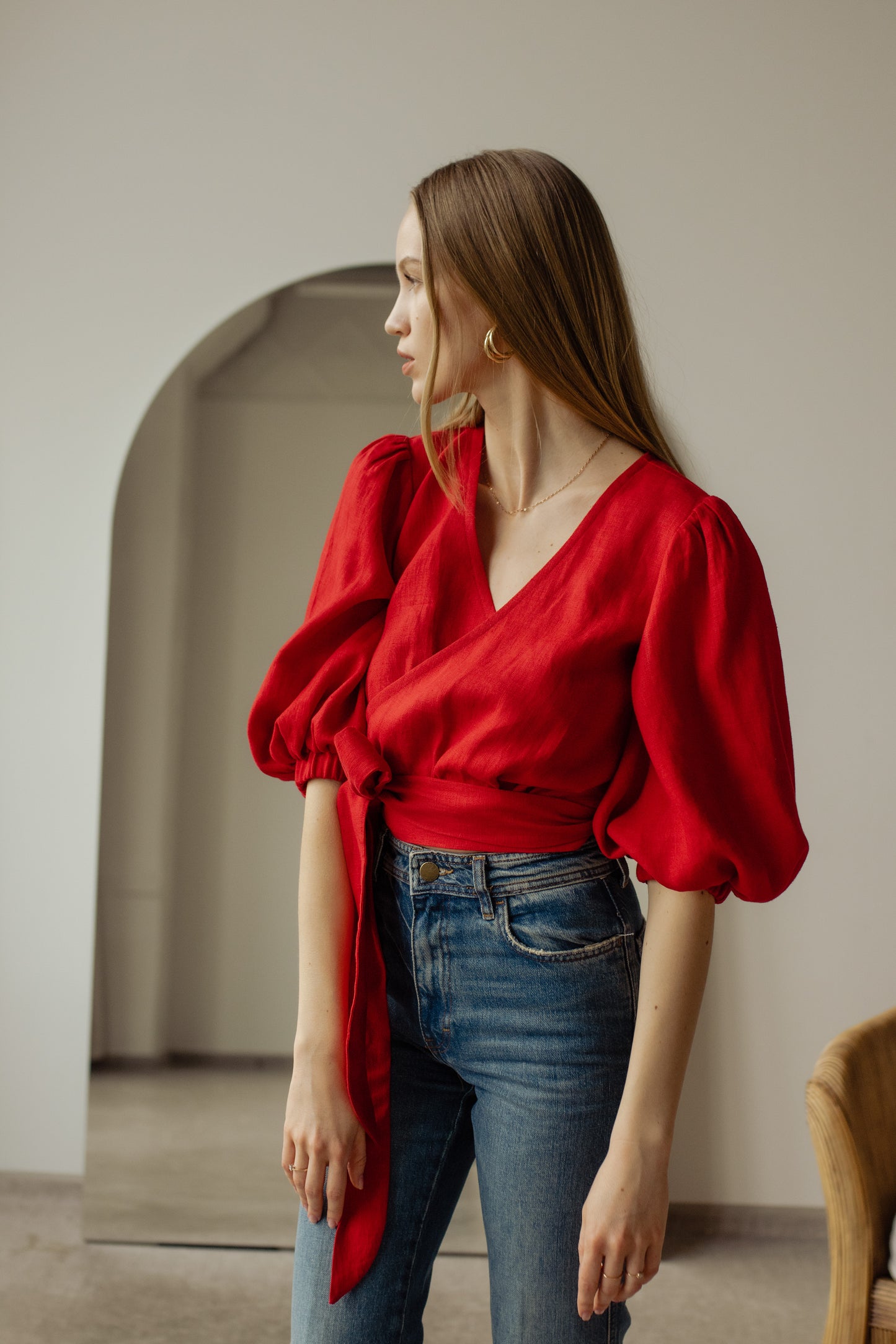LOLA BALLOON SLEEVE WRAP BLOUSE - RED