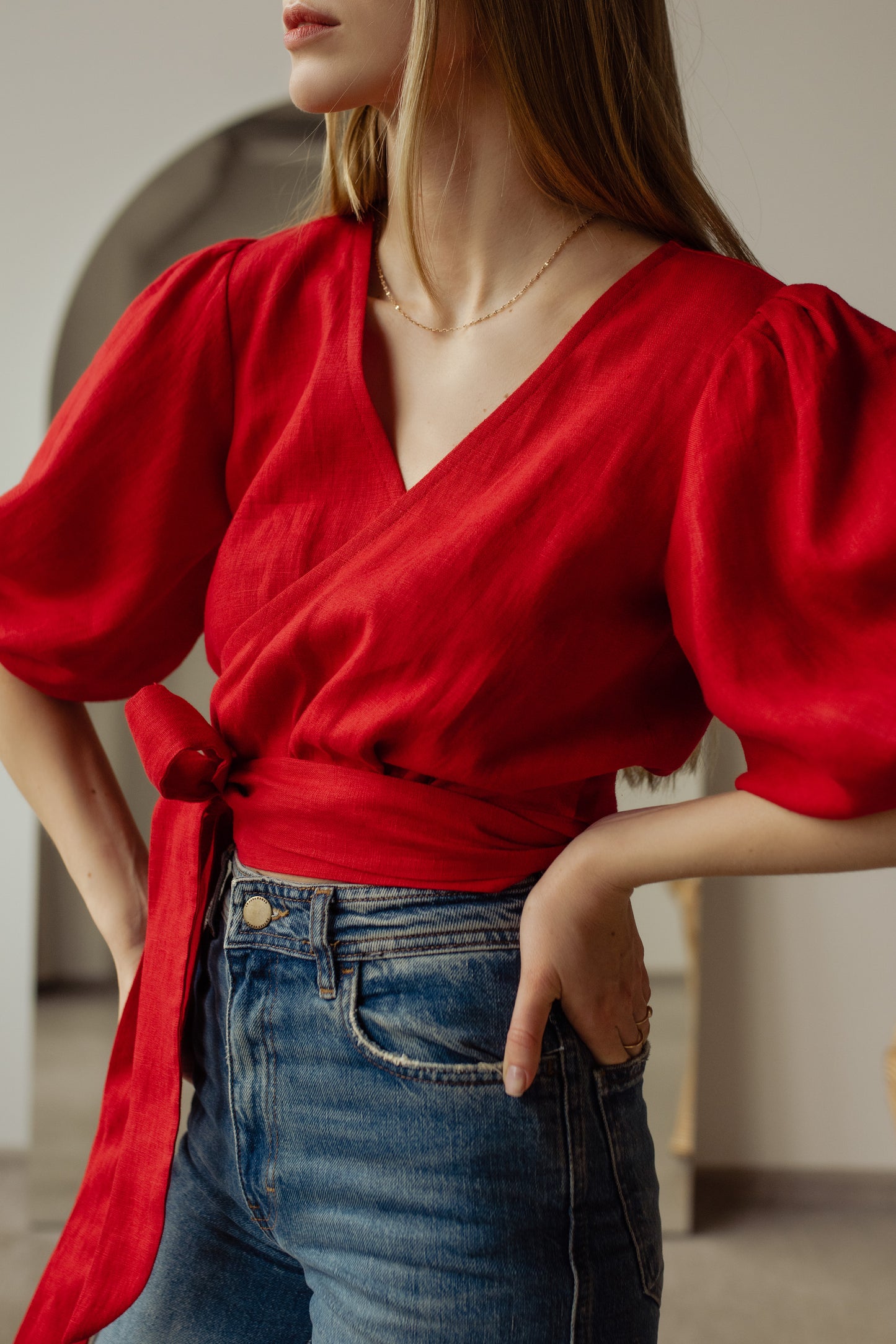 LOLA BALLOON SLEEVE WRAP BLOUSE - RED