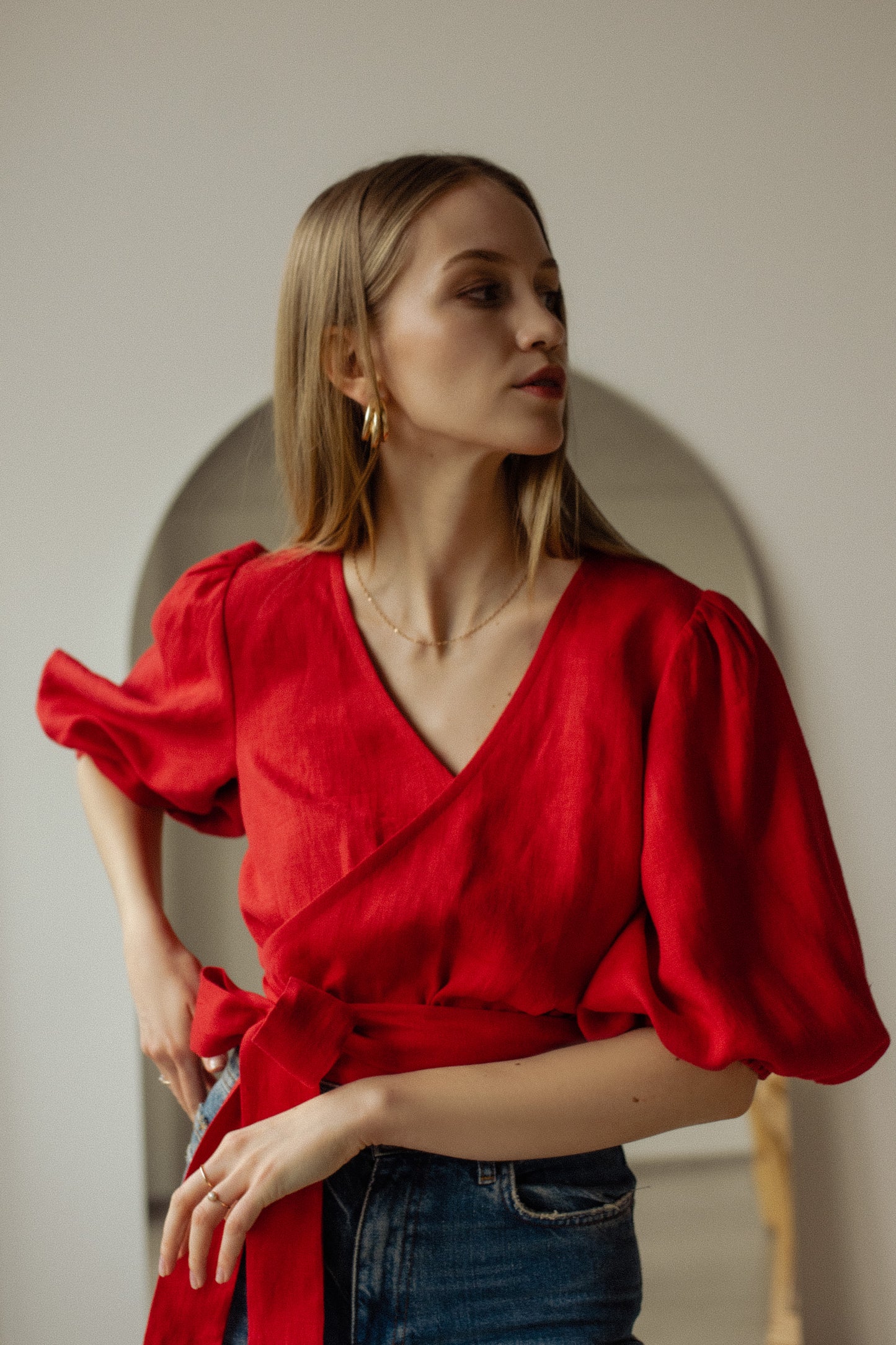 LOLA BALLOON SLEEVE WRAP BLOUSE - RED