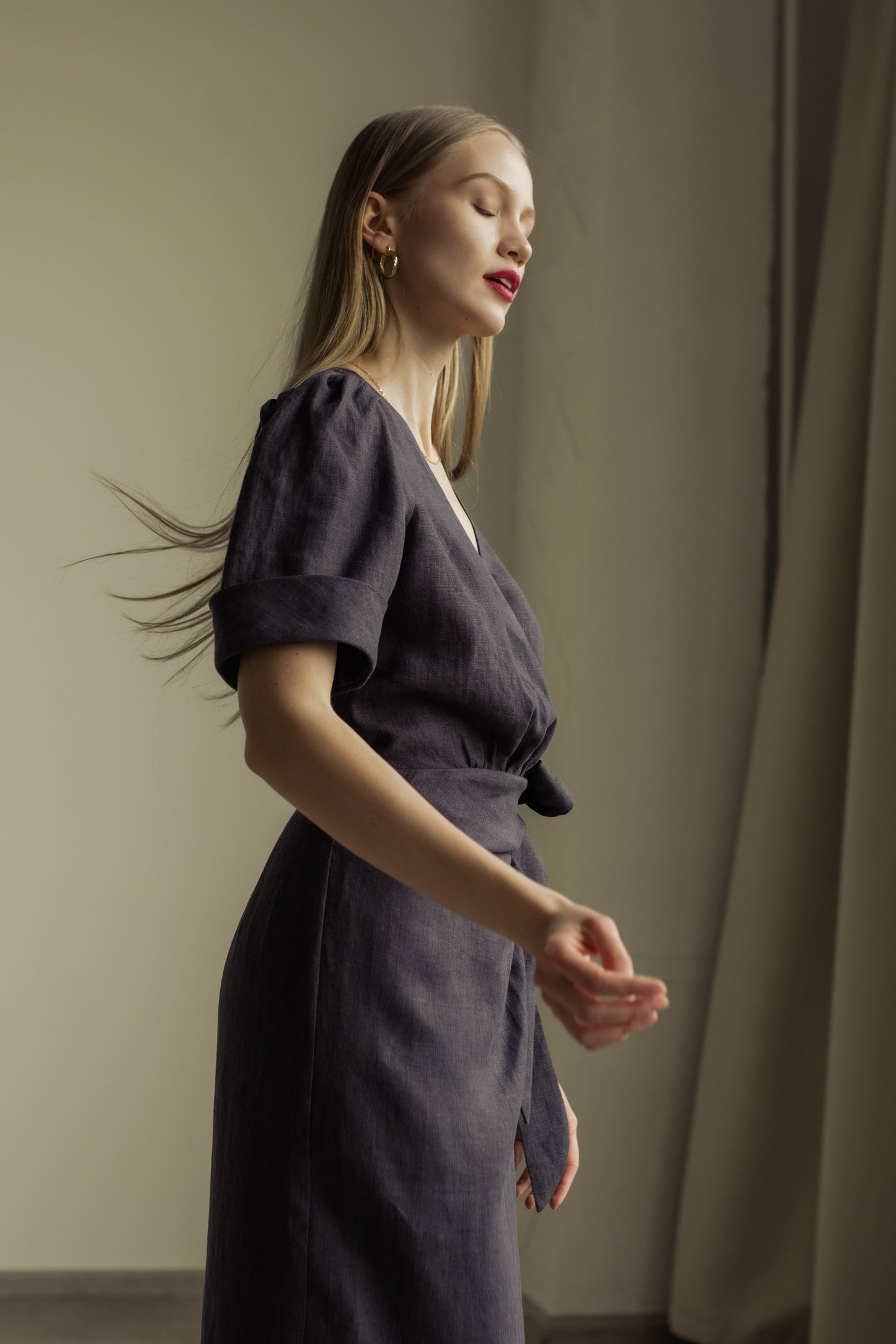 FLORA WRAP LINEN MIDI DRESS - DARK GREY