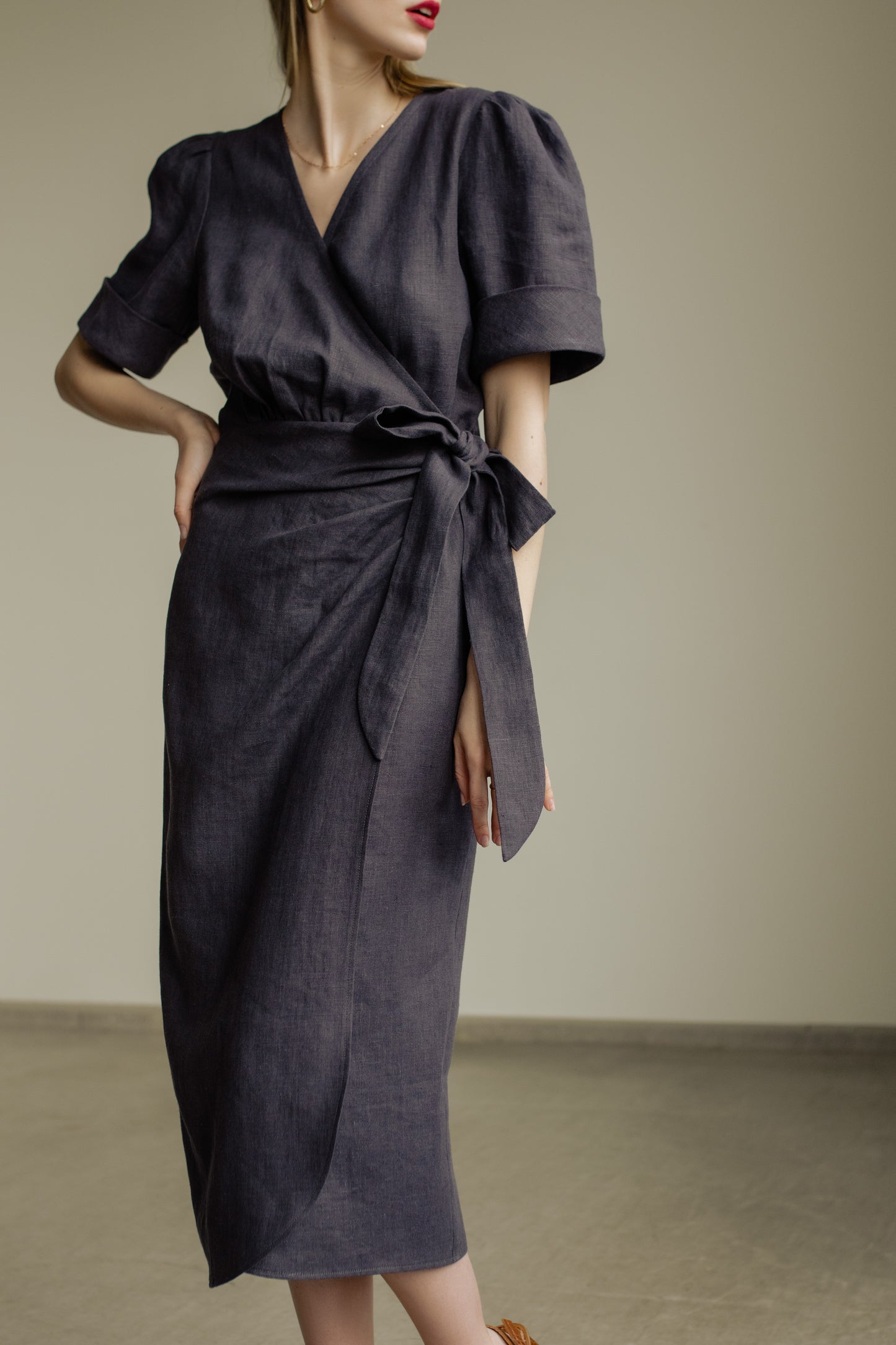 FLORA WRAP LINEN MIDI DRESS - DARK GREY