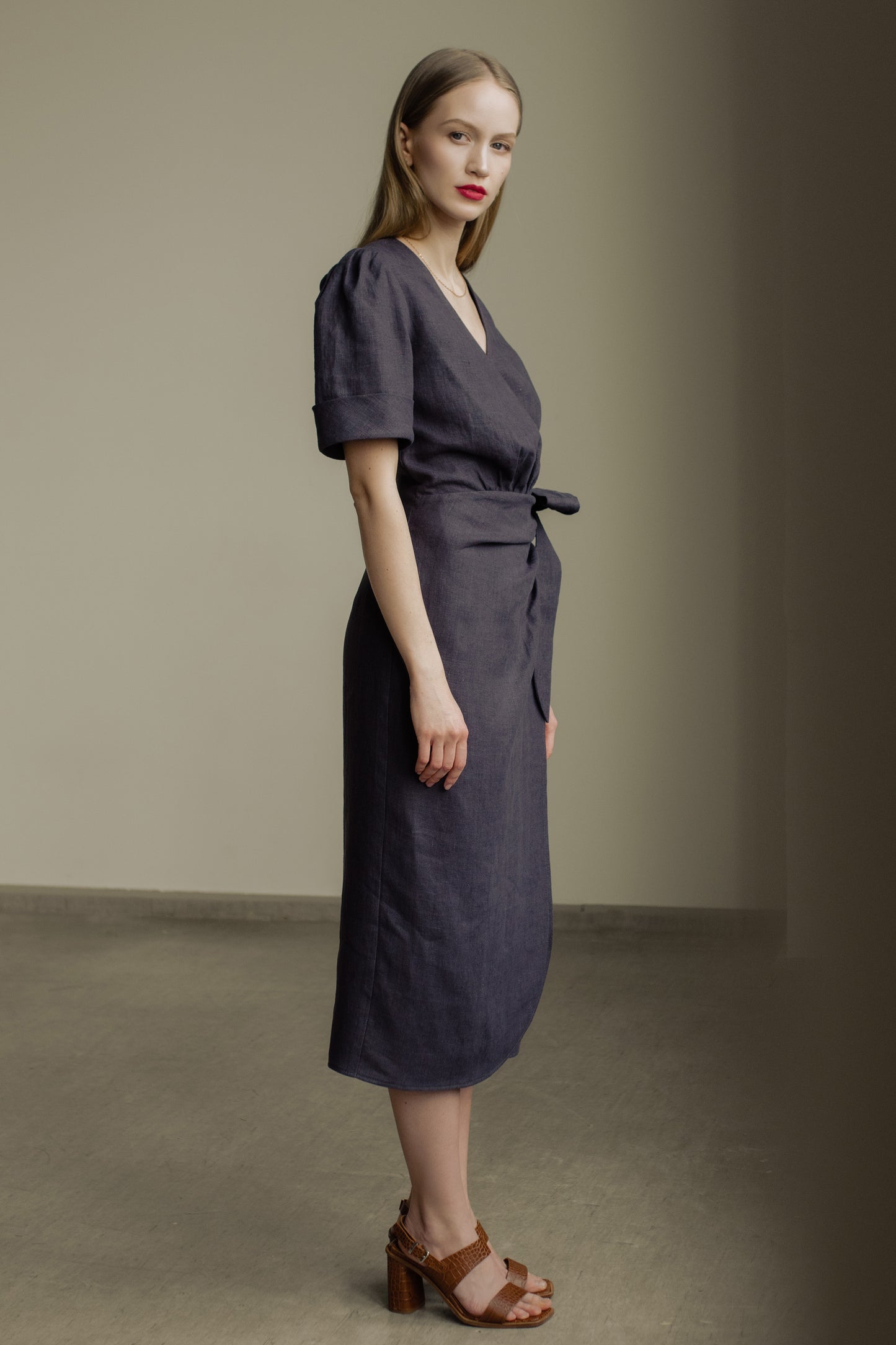 FLORA WRAP LINEN MIDI DRESS - DARK GREY