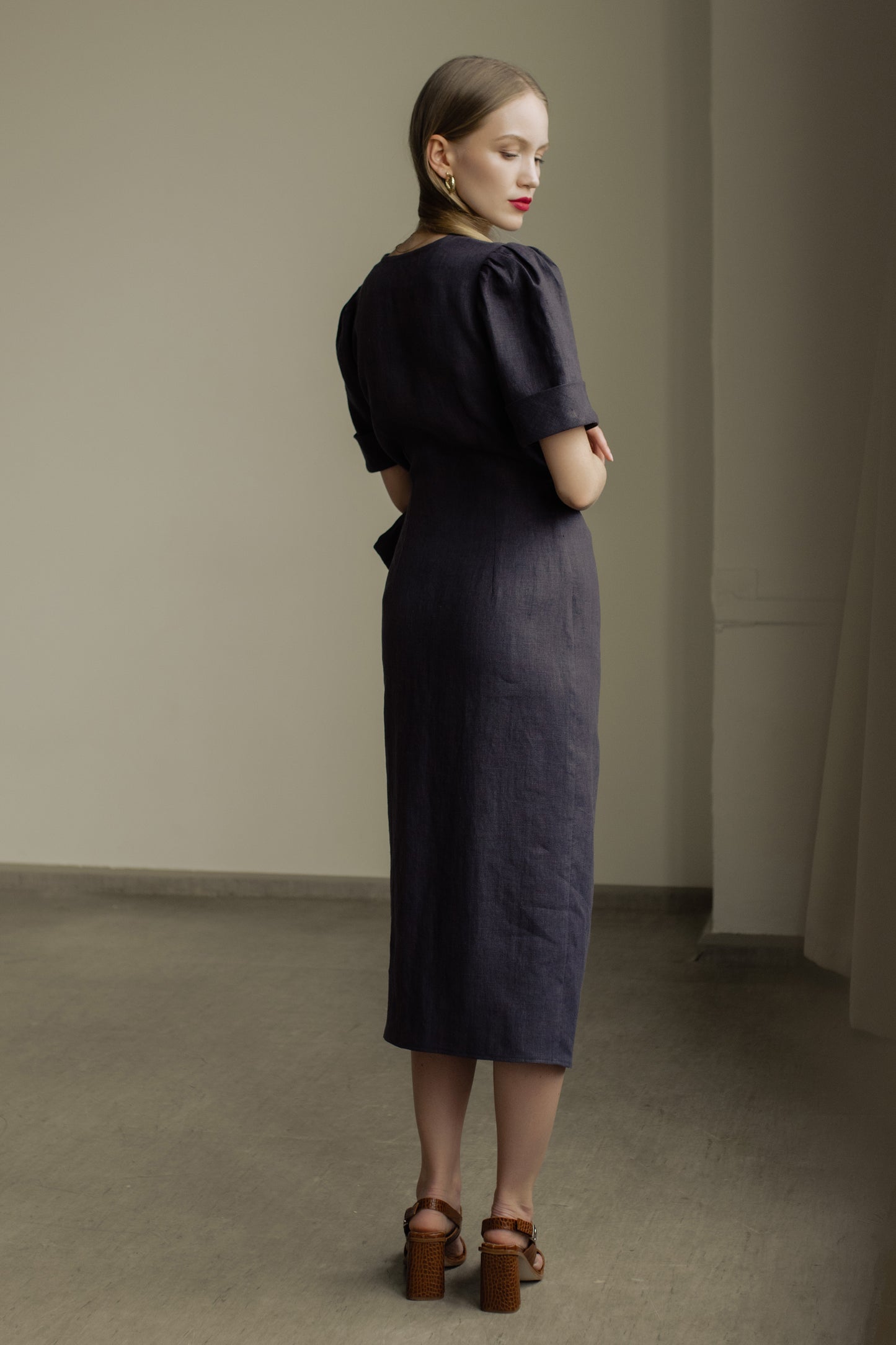 FLORA WRAP LINEN MIDI DRESS - DARK GREY