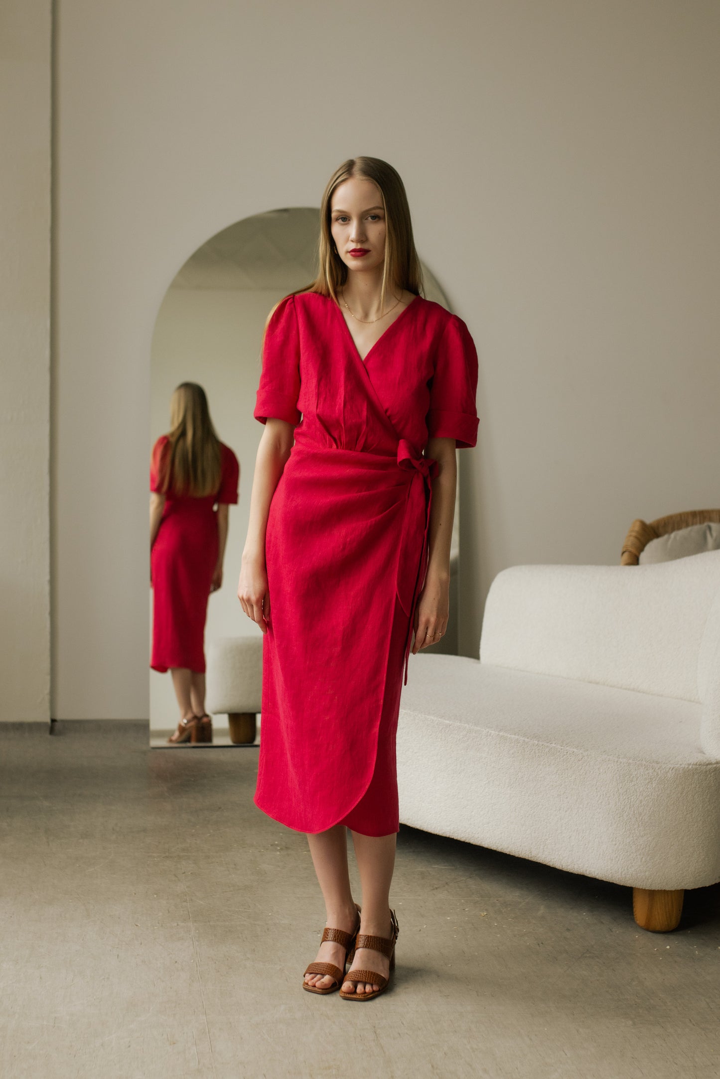 FLORA WRAP LINEN MIDI DRESS - HOT PINK