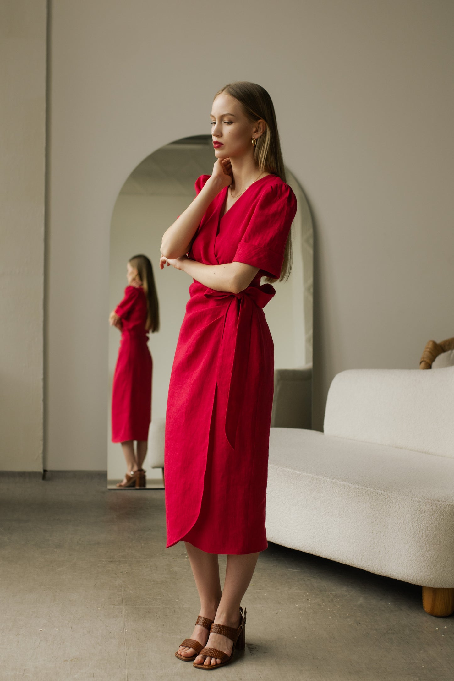 FLORA WRAP LINEN MIDI DRESS - HOT PINK