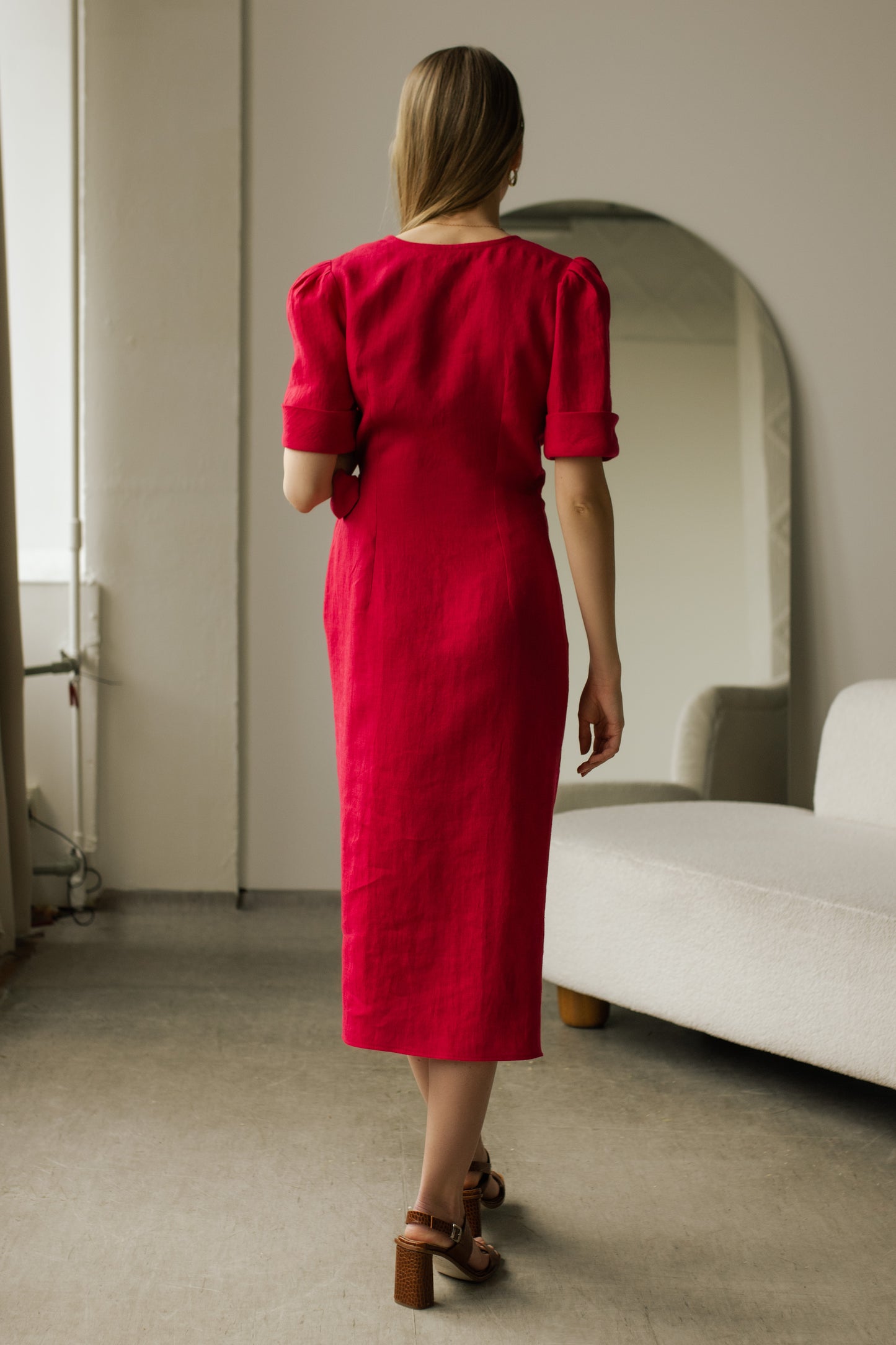 FLORA WRAP LINEN MIDI DRESS - HOT PINK