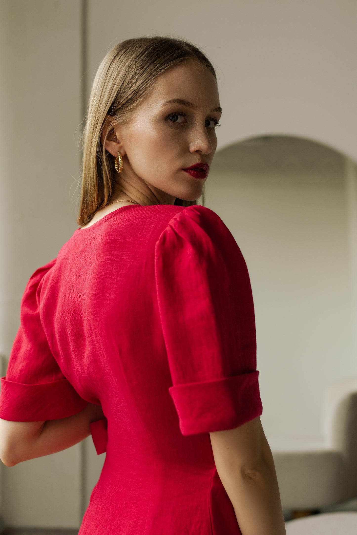 FLORA WRAP LINEN MIDI DRESS - HOT PINK