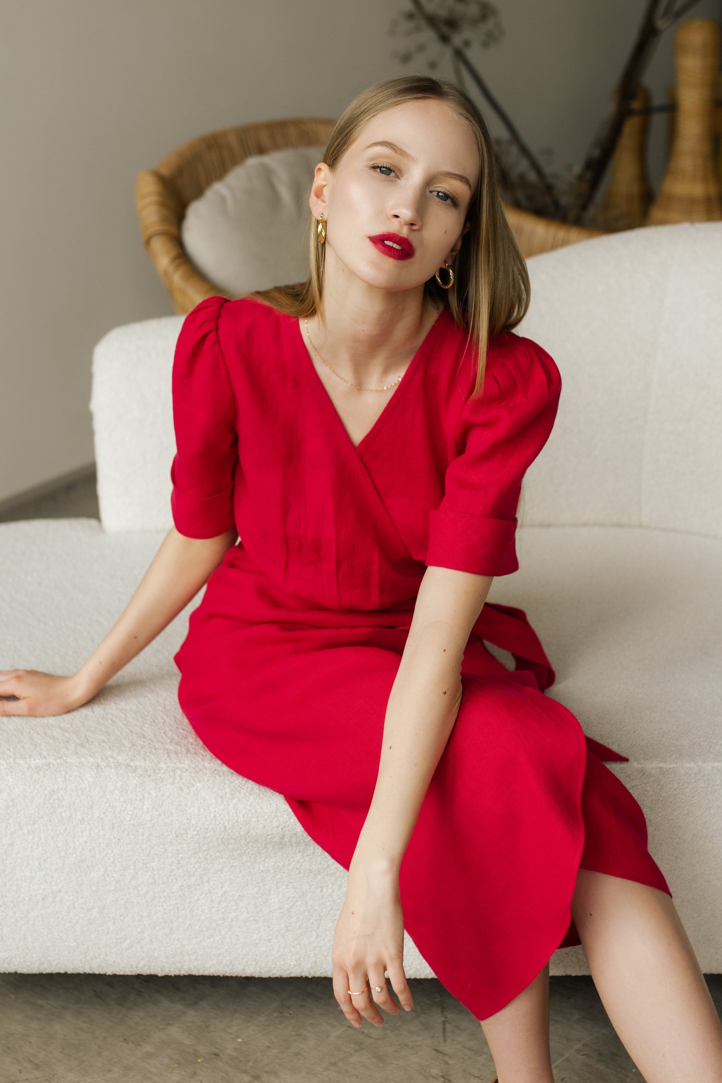 FLORA WRAP LINEN MIDI DRESS - HOT PINK