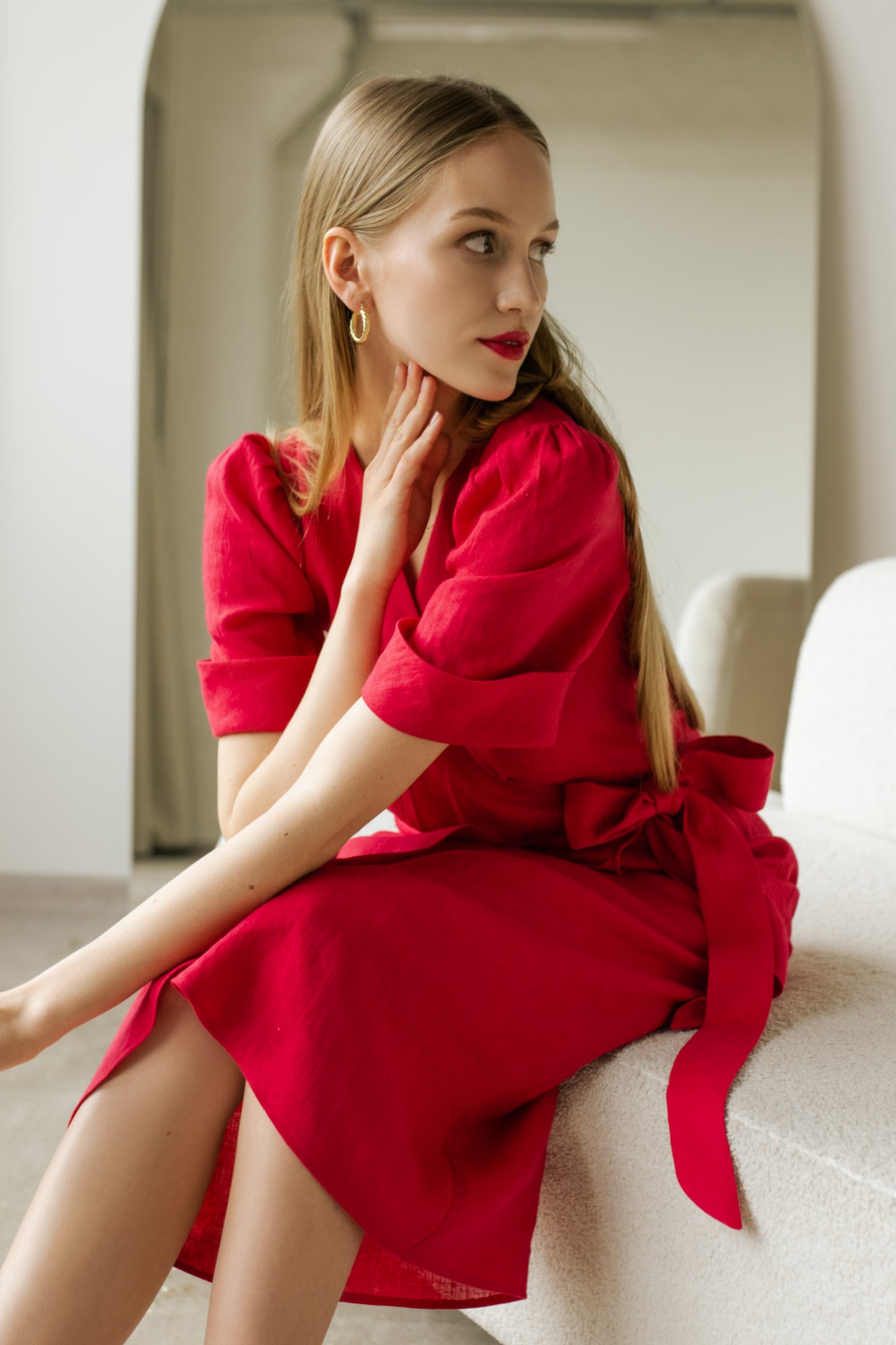FLORA WRAP LINEN MIDI DRESS - HOT PINK