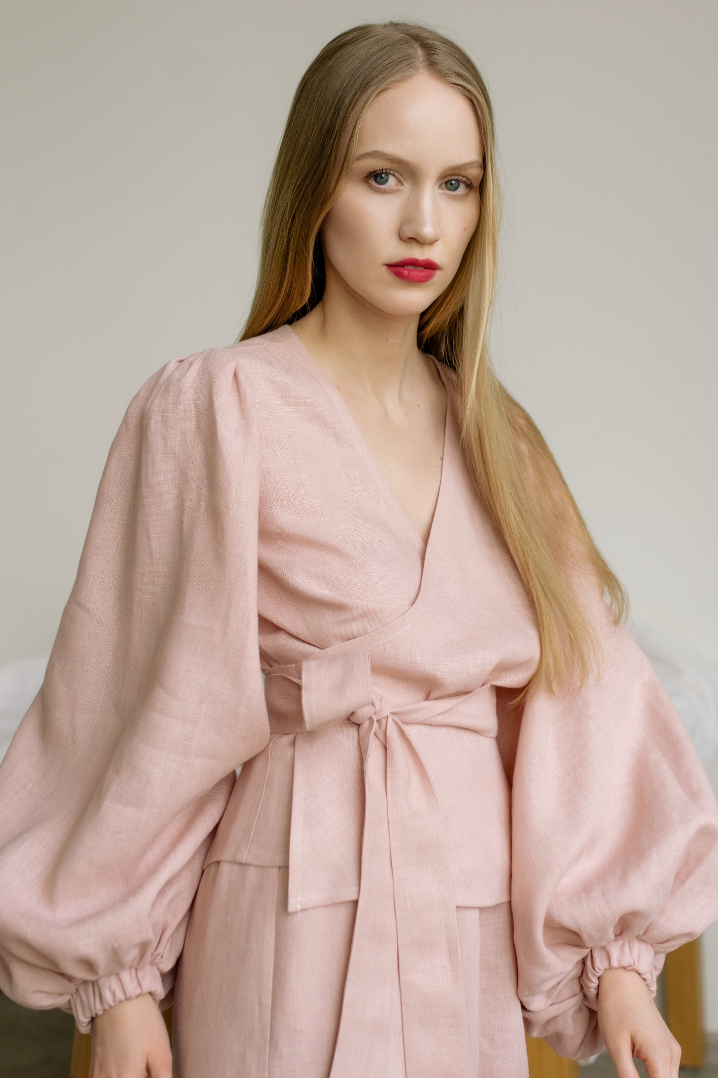 BEATRICE WRAP LINEN BLOUSE - BLUSH PINK