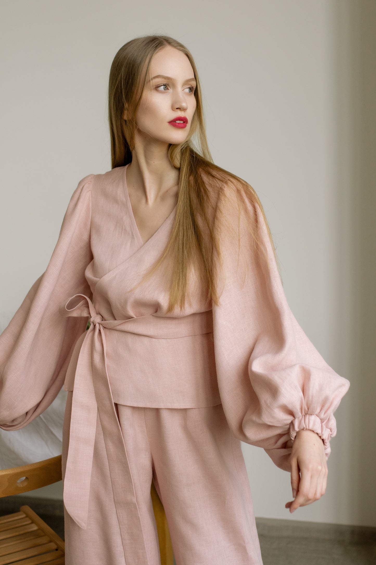 BEATRICE WRAP LINEN BLOUSE - BLUSH PINK