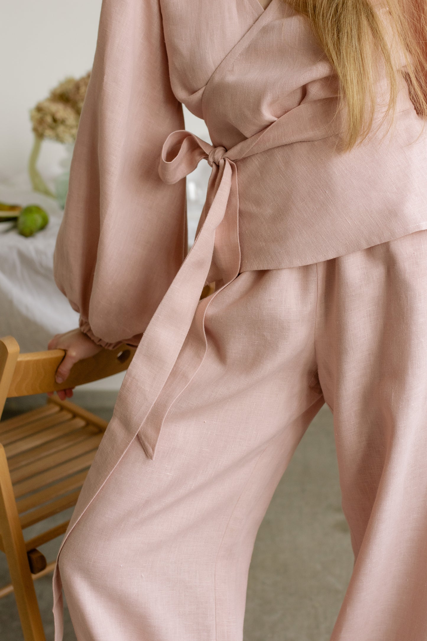 BEATRICE WRAP LINEN BLOUSE - BLUSH PINK