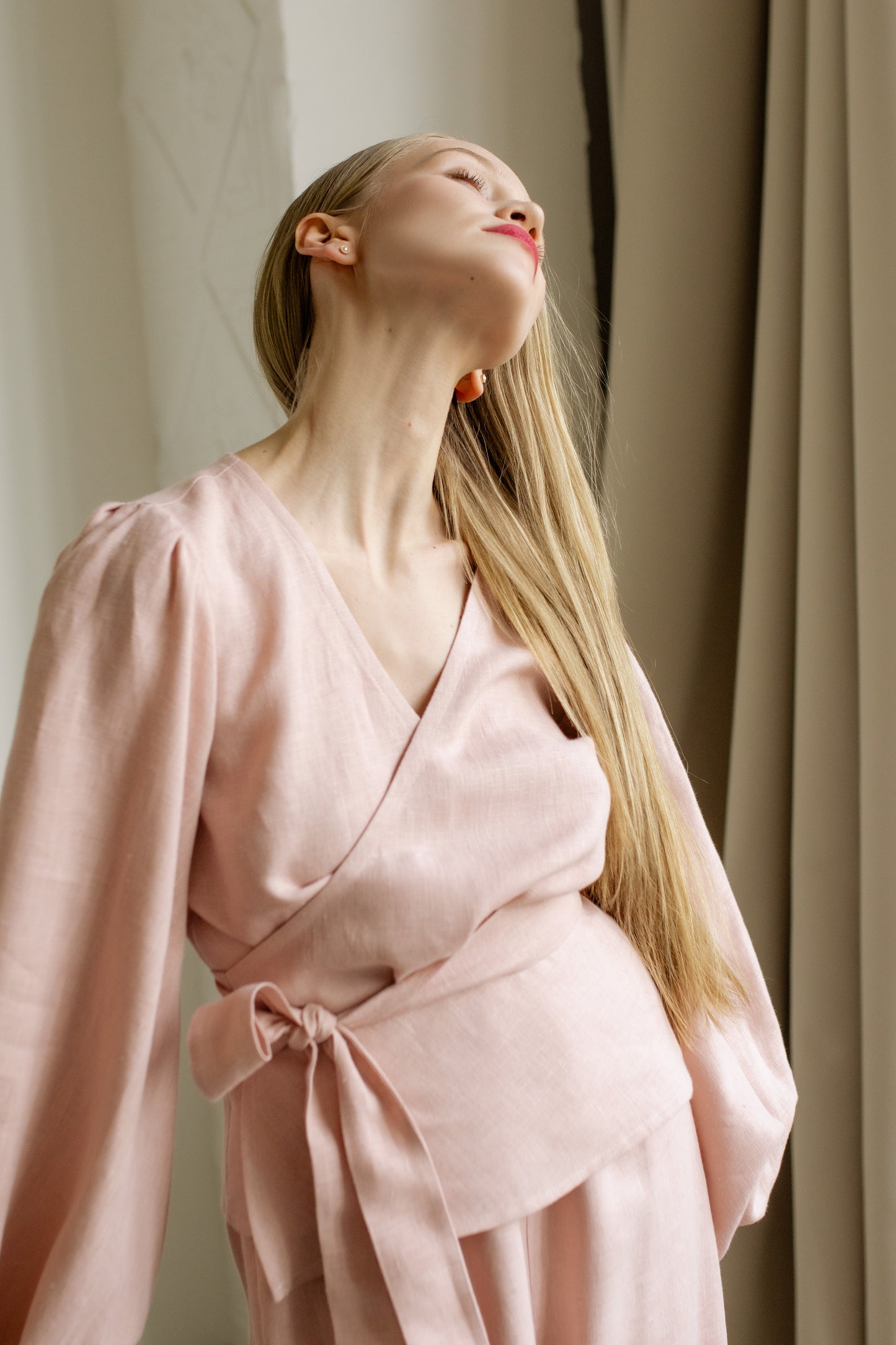 BEATRICE WRAP LINEN BLOUSE - BLUSH PINK
