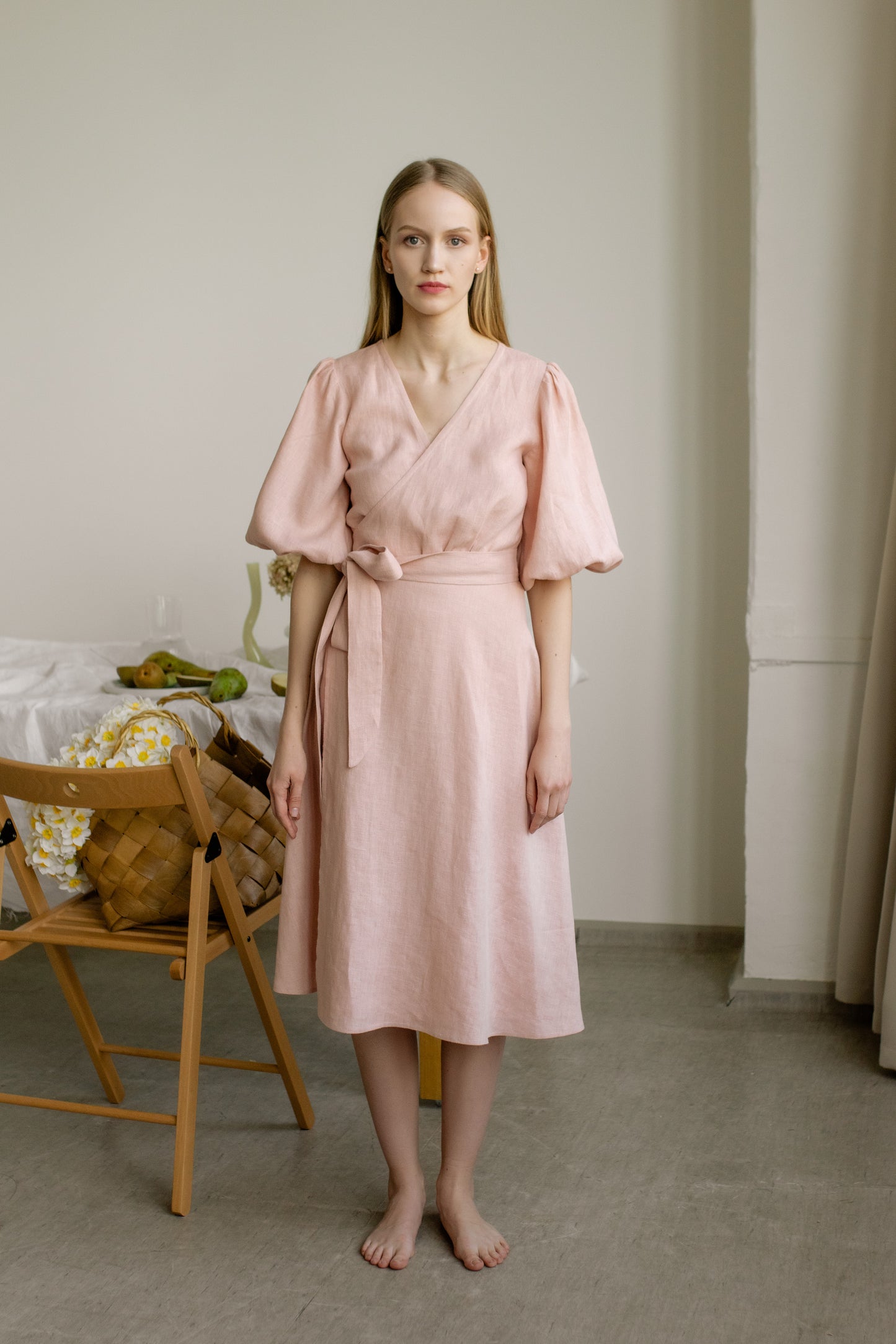 LOLA BALLOON SLEEVE MIDI WRAP DRESS - BLUSH PINK