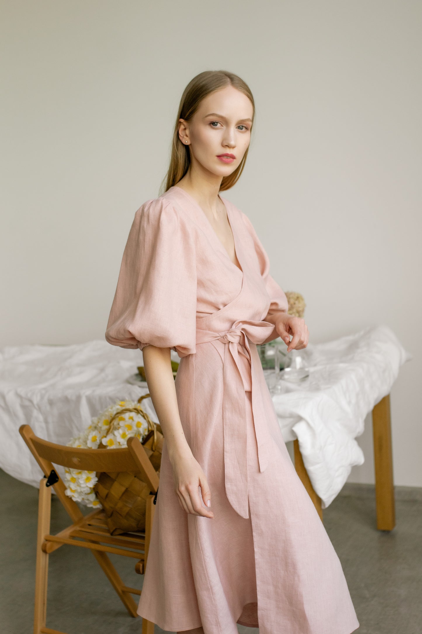 LOLA BALLOON SLEEVE MIDI WRAP DRESS - BLUSH PINK