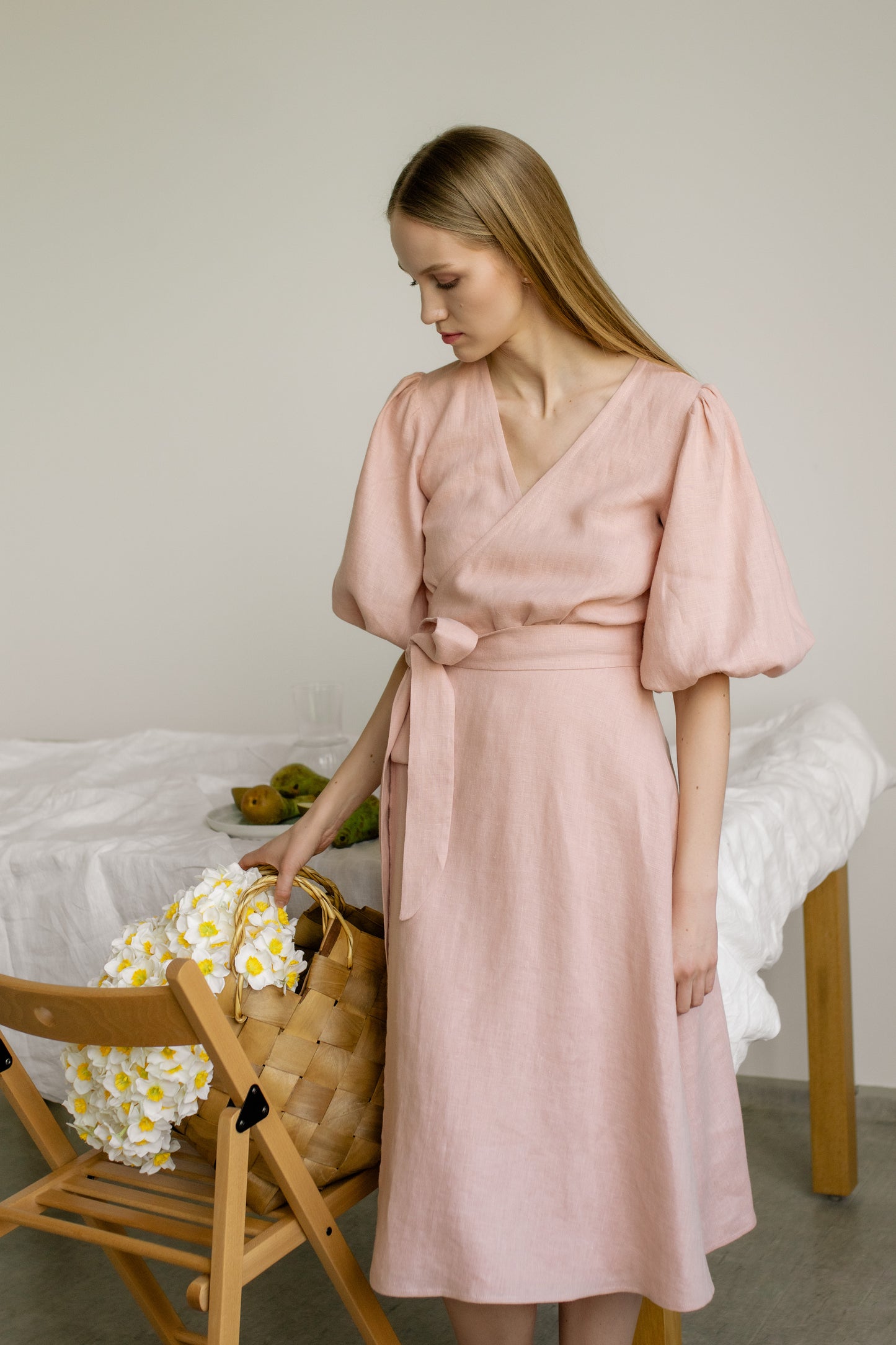 LOLA BALLOON SLEEVE MIDI WRAP DRESS - BLUSH PINK