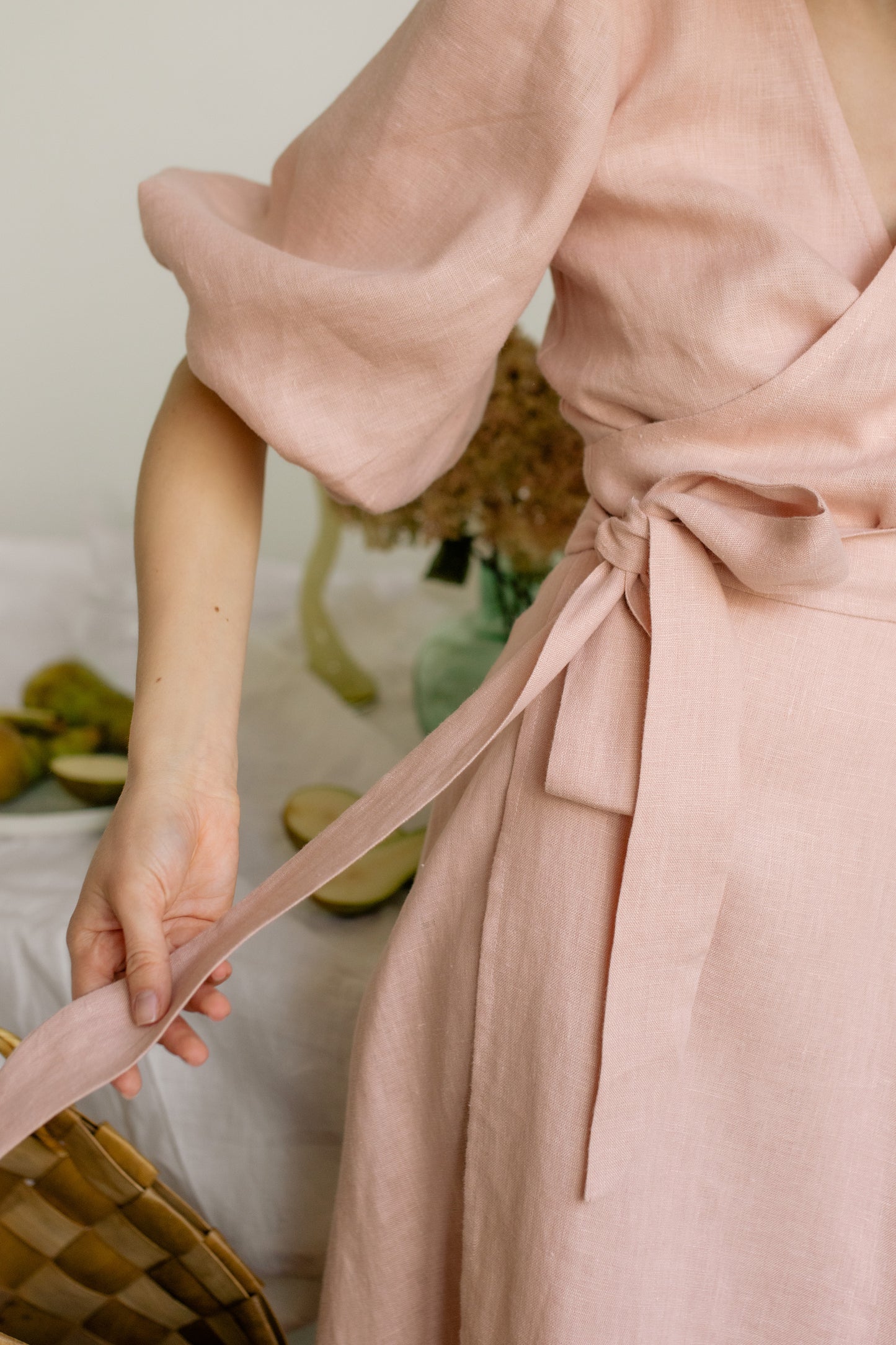 LOLA BALLOON SLEEVE MIDI WRAP DRESS - BLUSH PINK