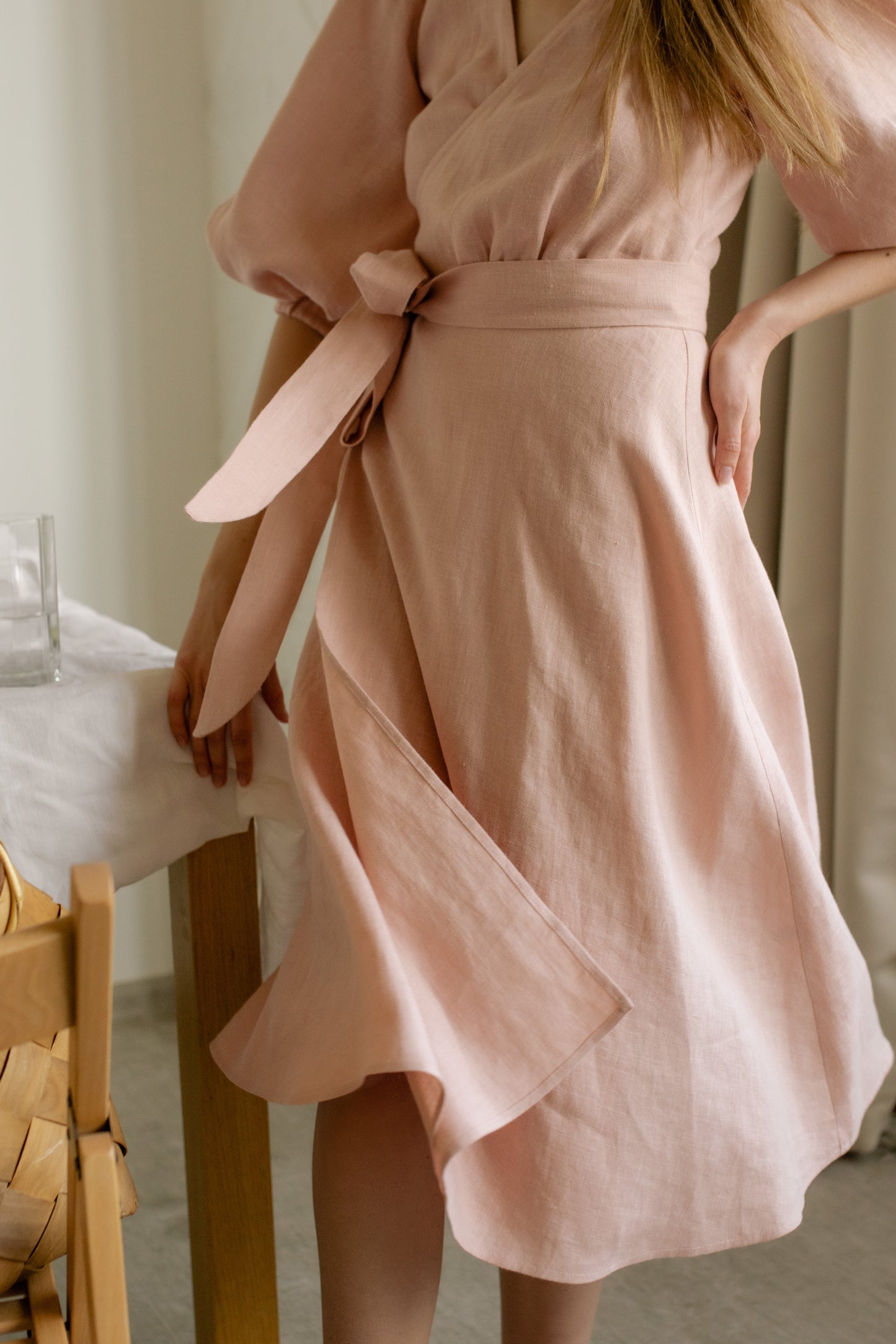 LOLA BALLOON SLEEVE MIDI WRAP DRESS - BLUSH PINK
