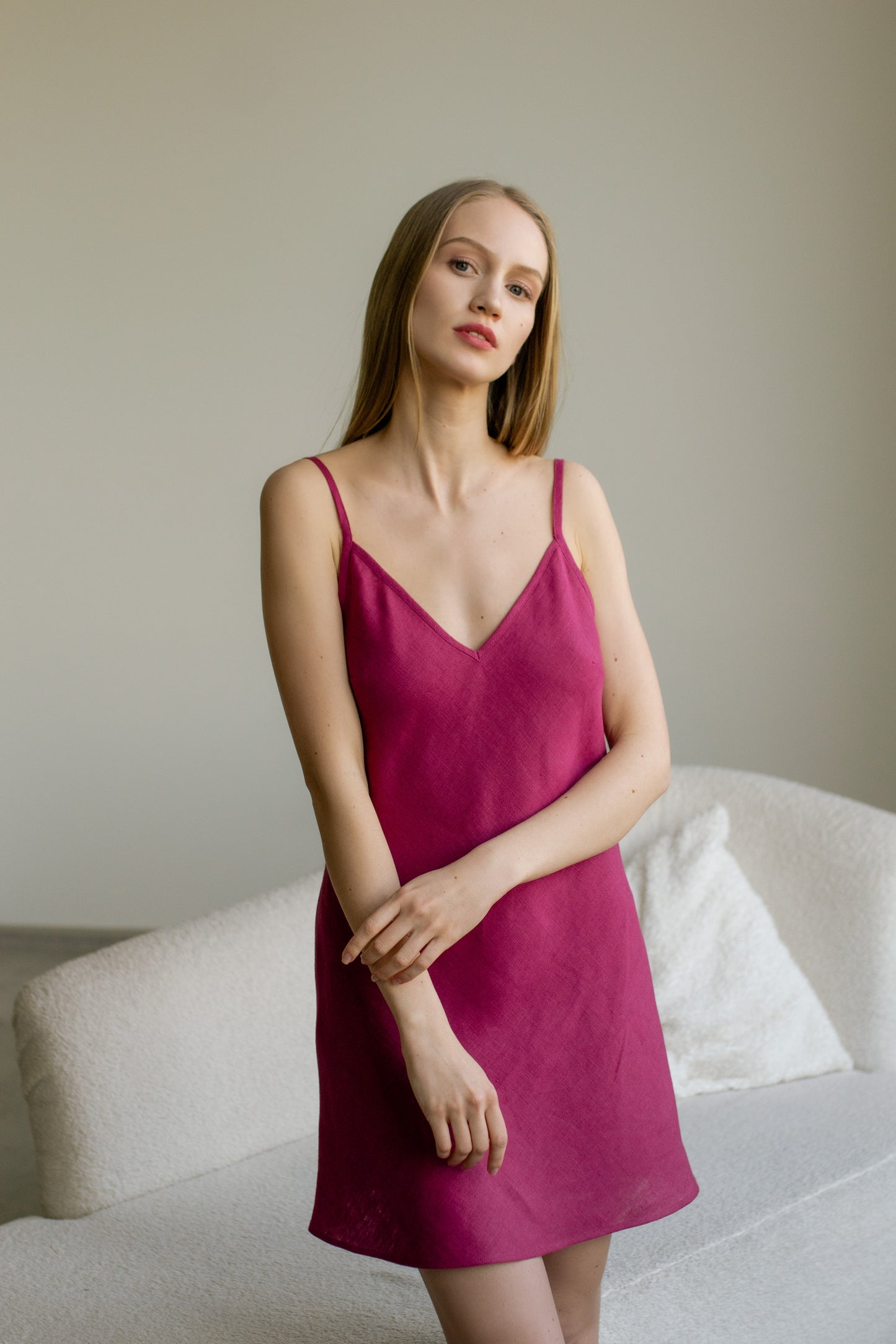 AMELIA LINEN MINI NIGHTDRESS - FUCHSIA
