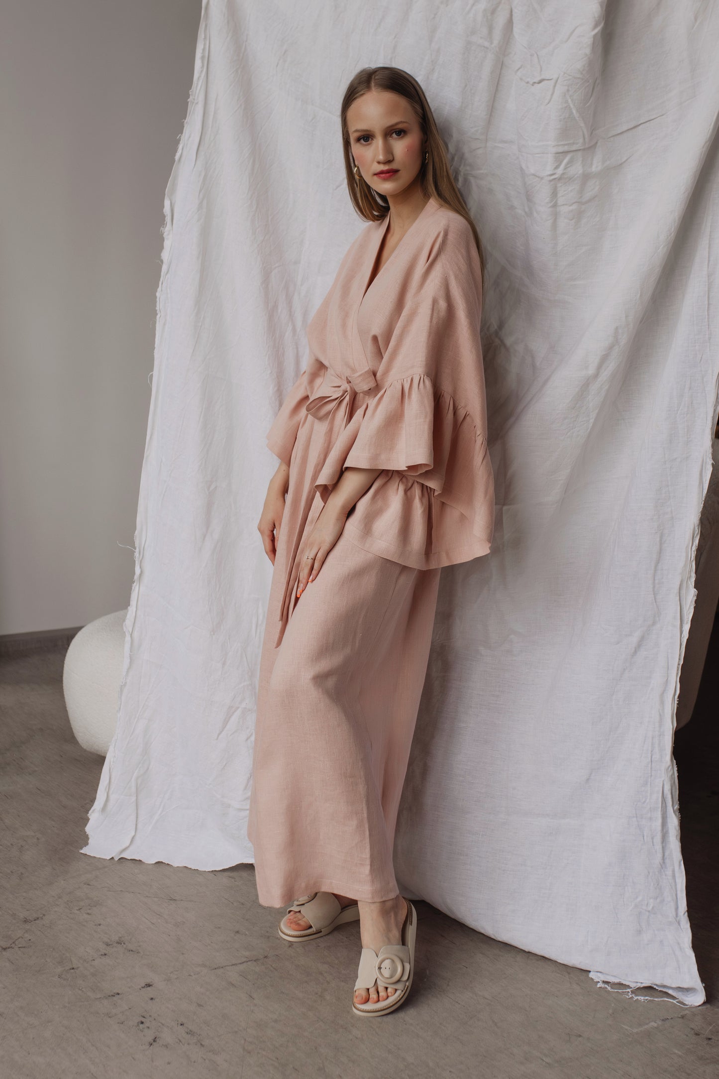 BELLE RUFFLE SLEEVE LINEN MAXI ROBE - BLUSH PINK