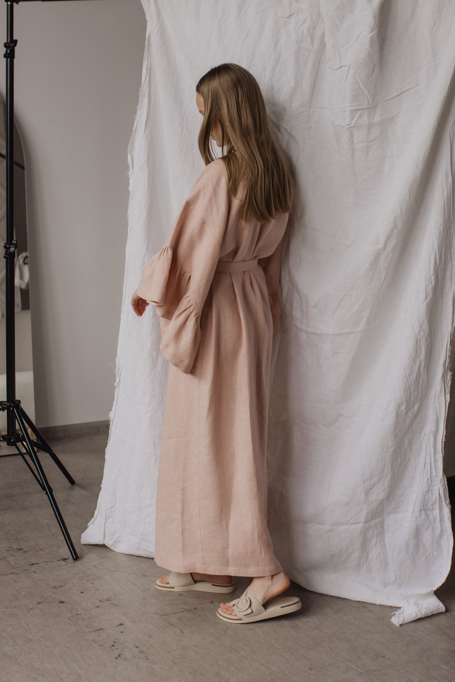 BELLE RUFFLE SLEEVE LINEN MAXI ROBE - BLUSH PINK