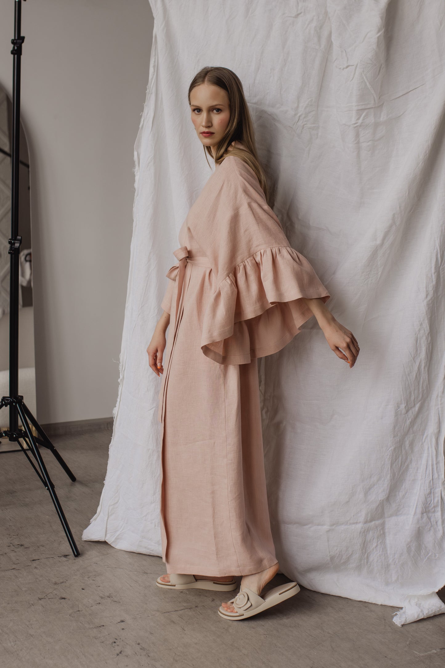 BELLE RUFFLE SLEEVE LINEN MAXI ROBE - BLUSH PINK