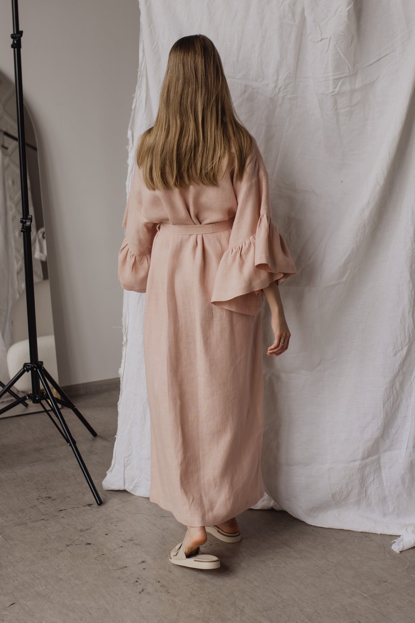 BELLE RUFFLE SLEEVE LINEN MAXI ROBE - BLUSH PINK