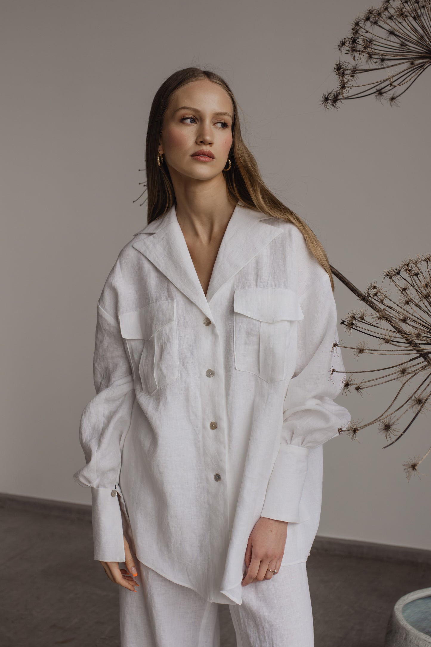 LINEN SHIRT WITH BELT - IVORY
