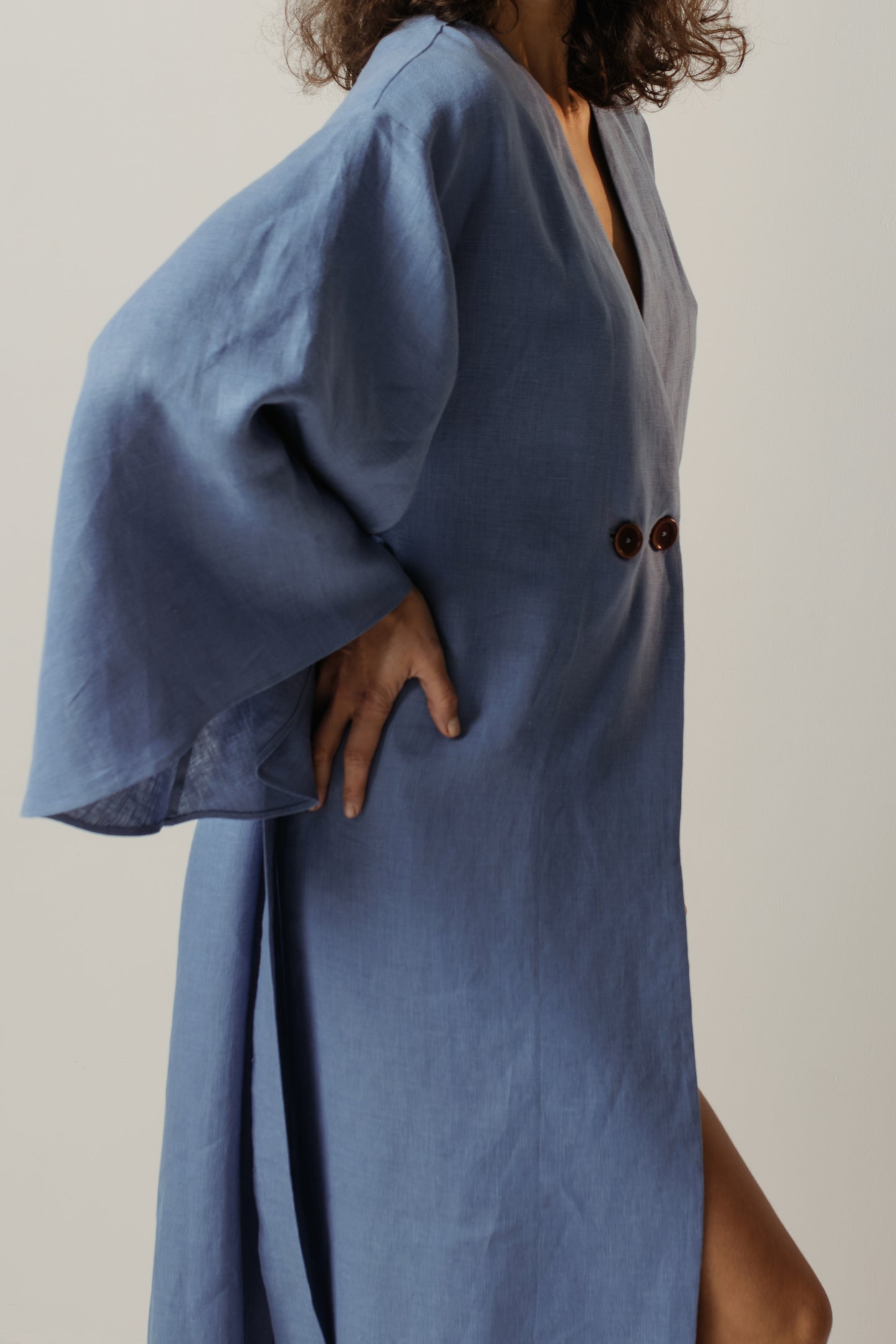 GRACE LINEN MAXI ROBE WITH BUTTONS - BLUE