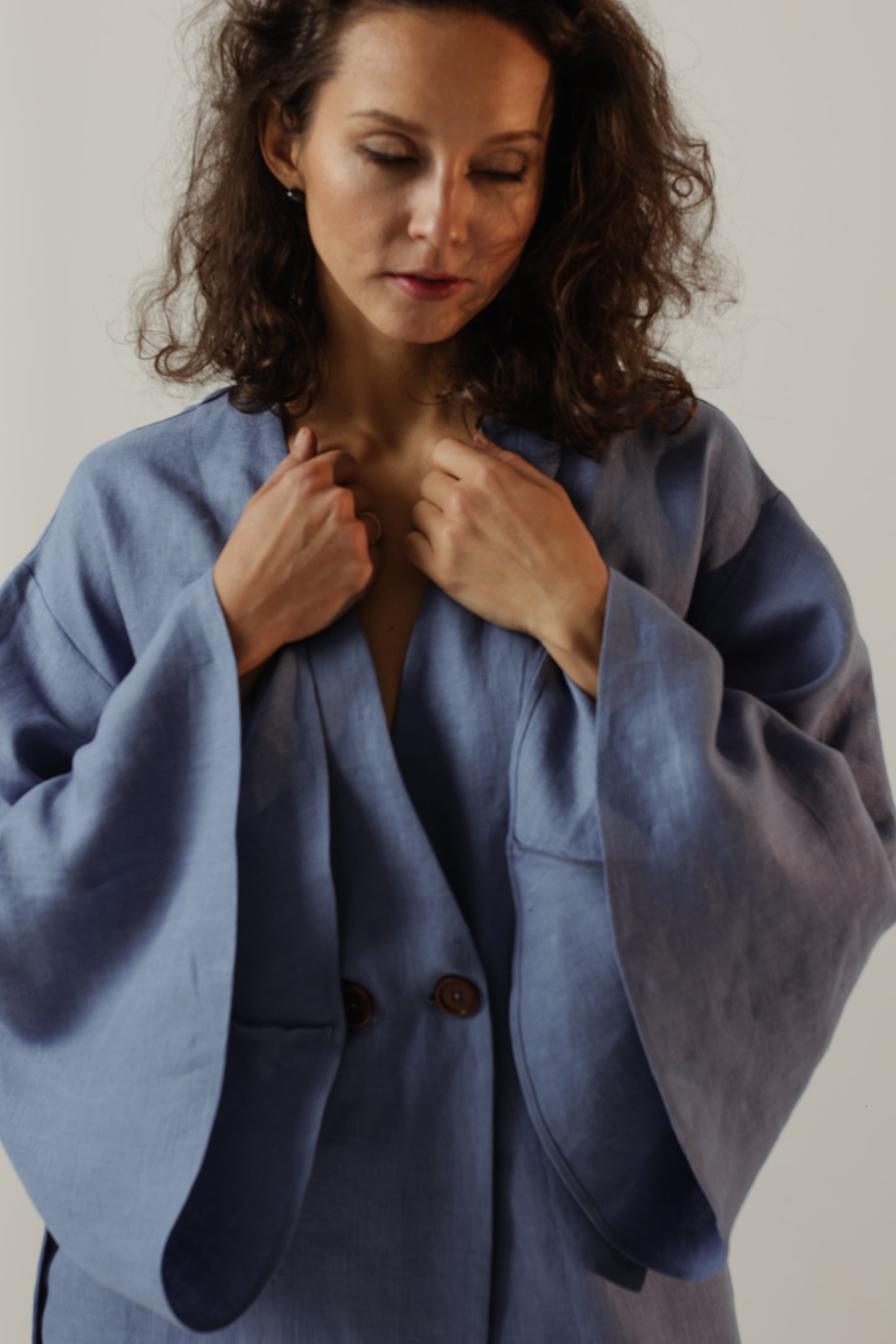 GRACE LINEN MAXI ROBE WITH BUTTONS - BLUE