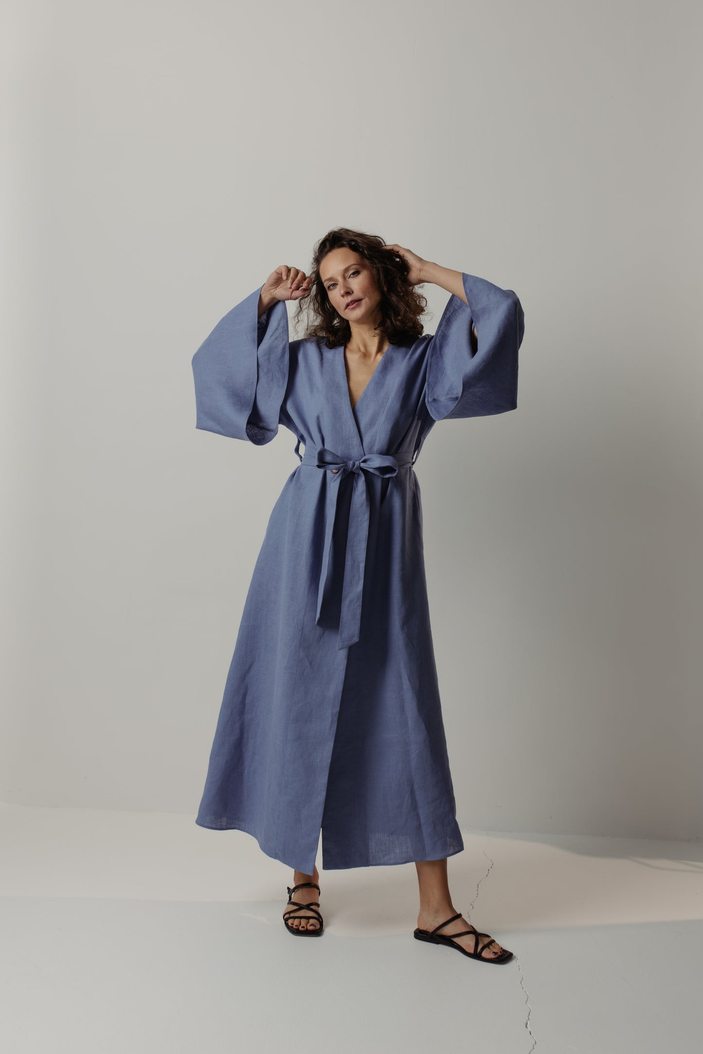 GRACE LINEN MAXI ROBE WITH BUTTONS - BLUE