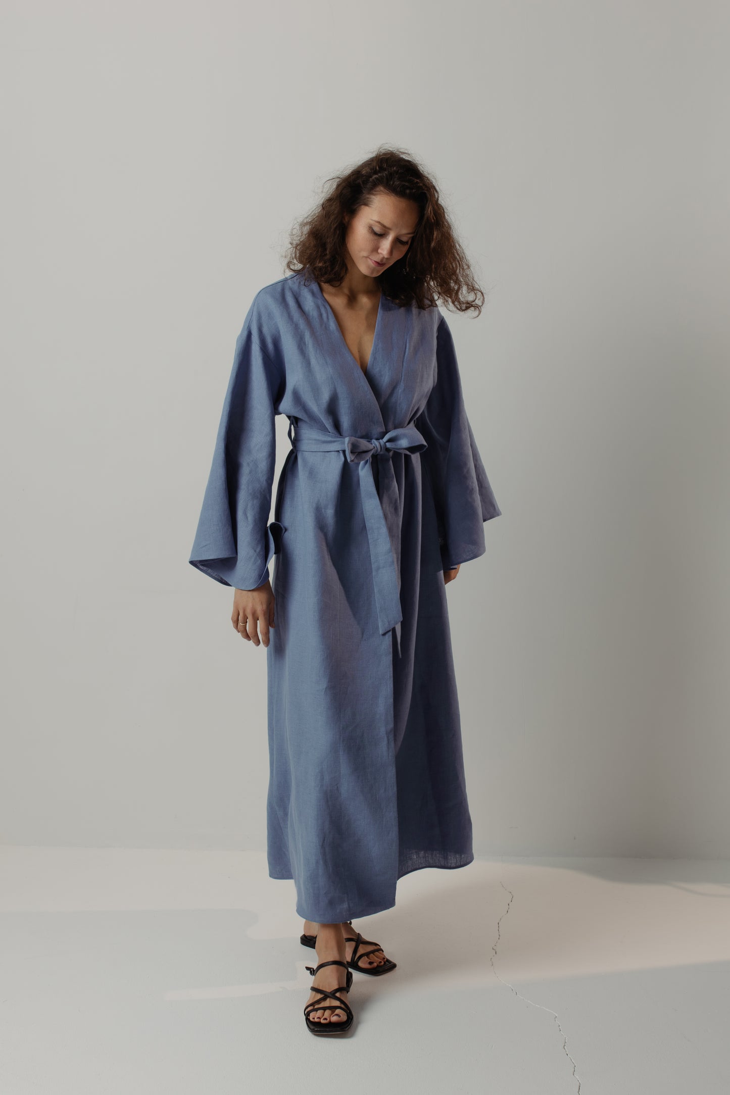 GRACE LINEN MAXI ROBE WITH BUTTONS - BLUE