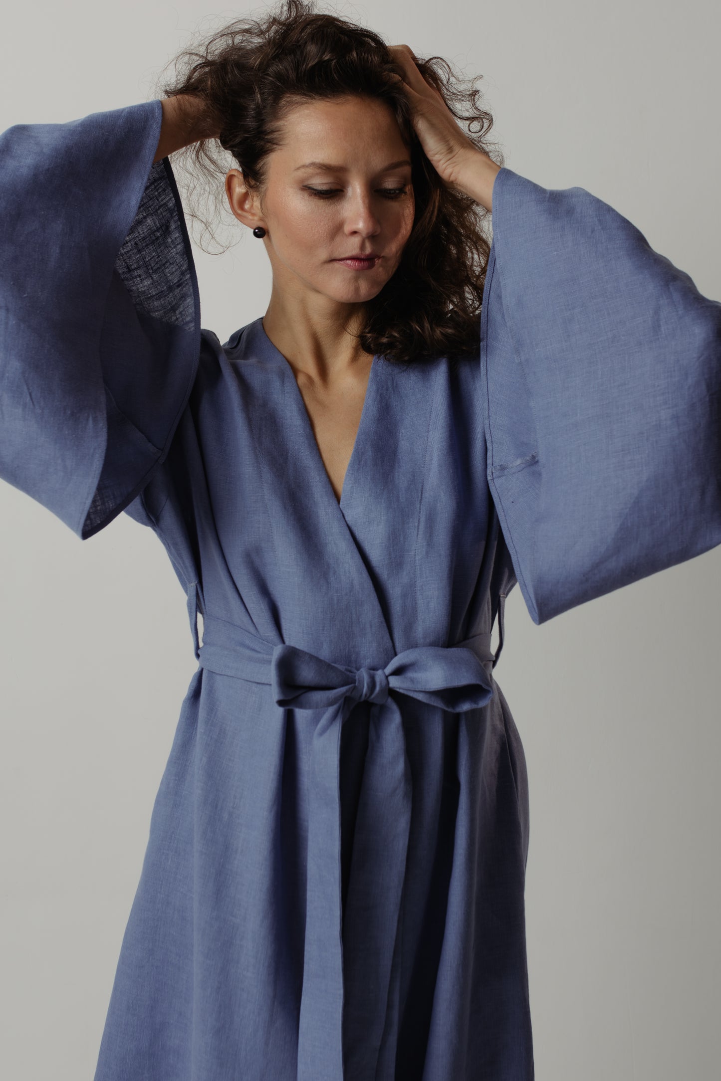 GRACE LINEN MAXI ROBE WITH BUTTONS - BLUE