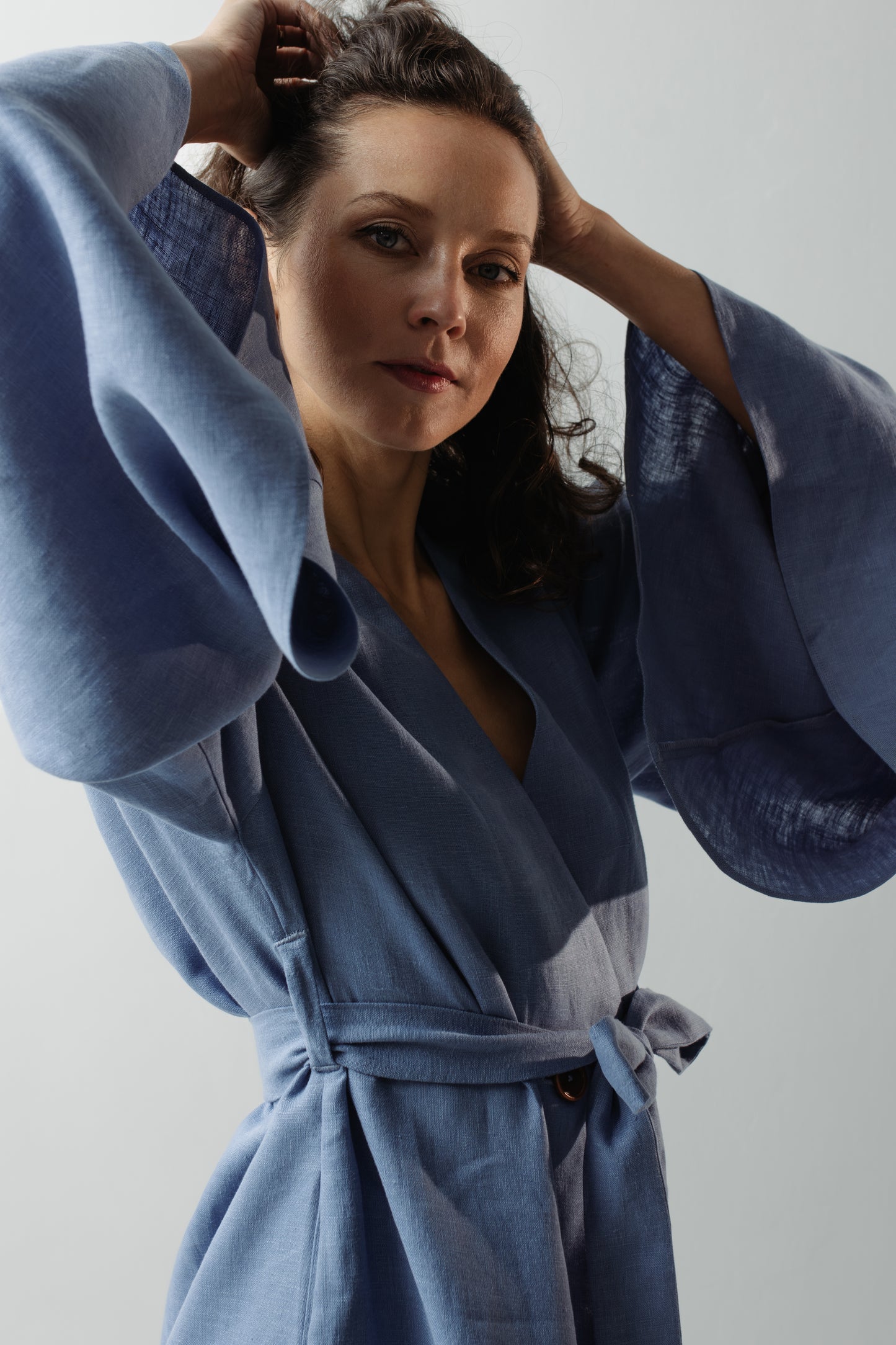 GRACE LINEN MINI ROBE WITH BUTTONS - BLUE