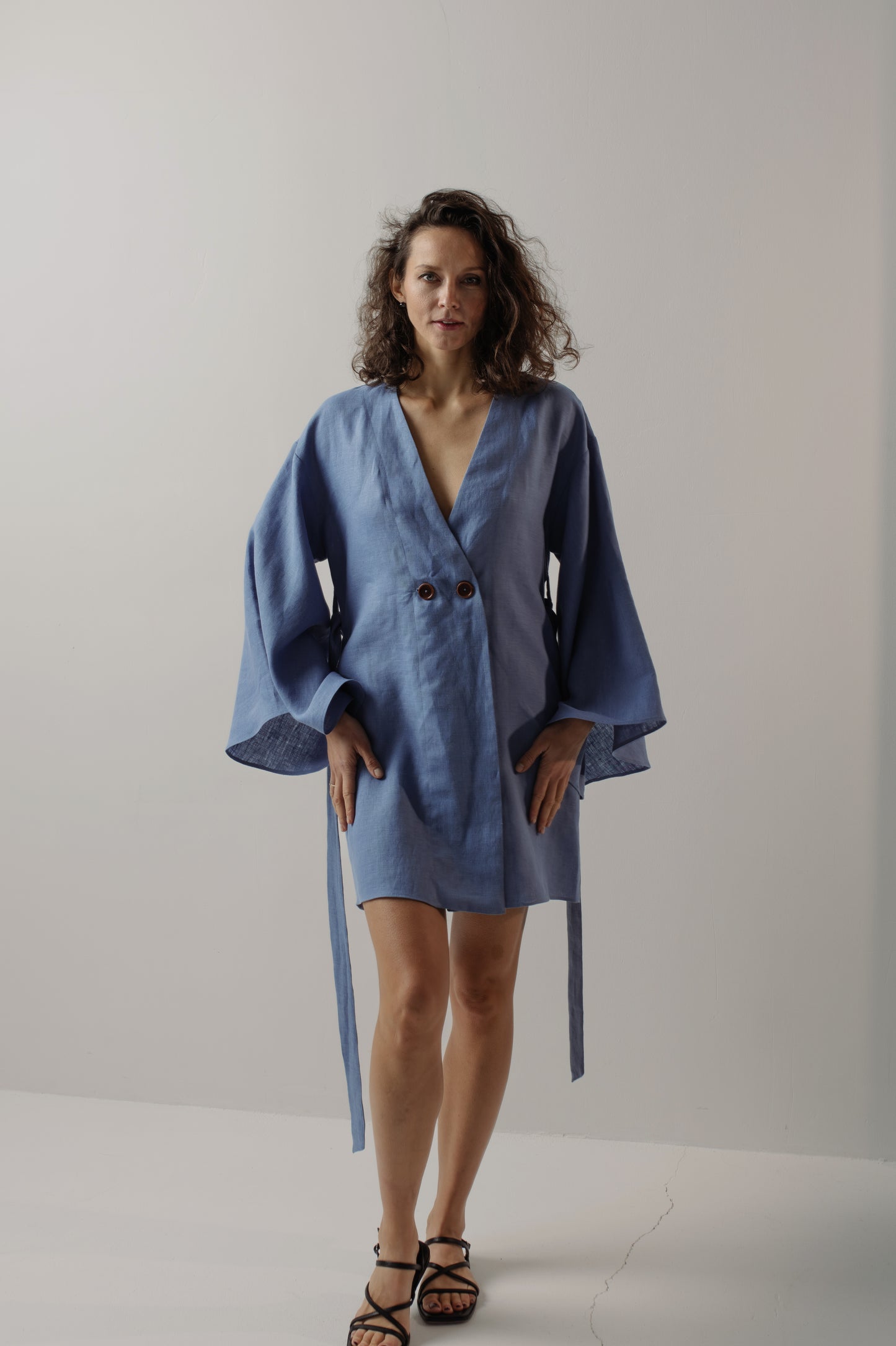 GRACE LINEN MINI ROBE WITH BUTTONS - BLUE