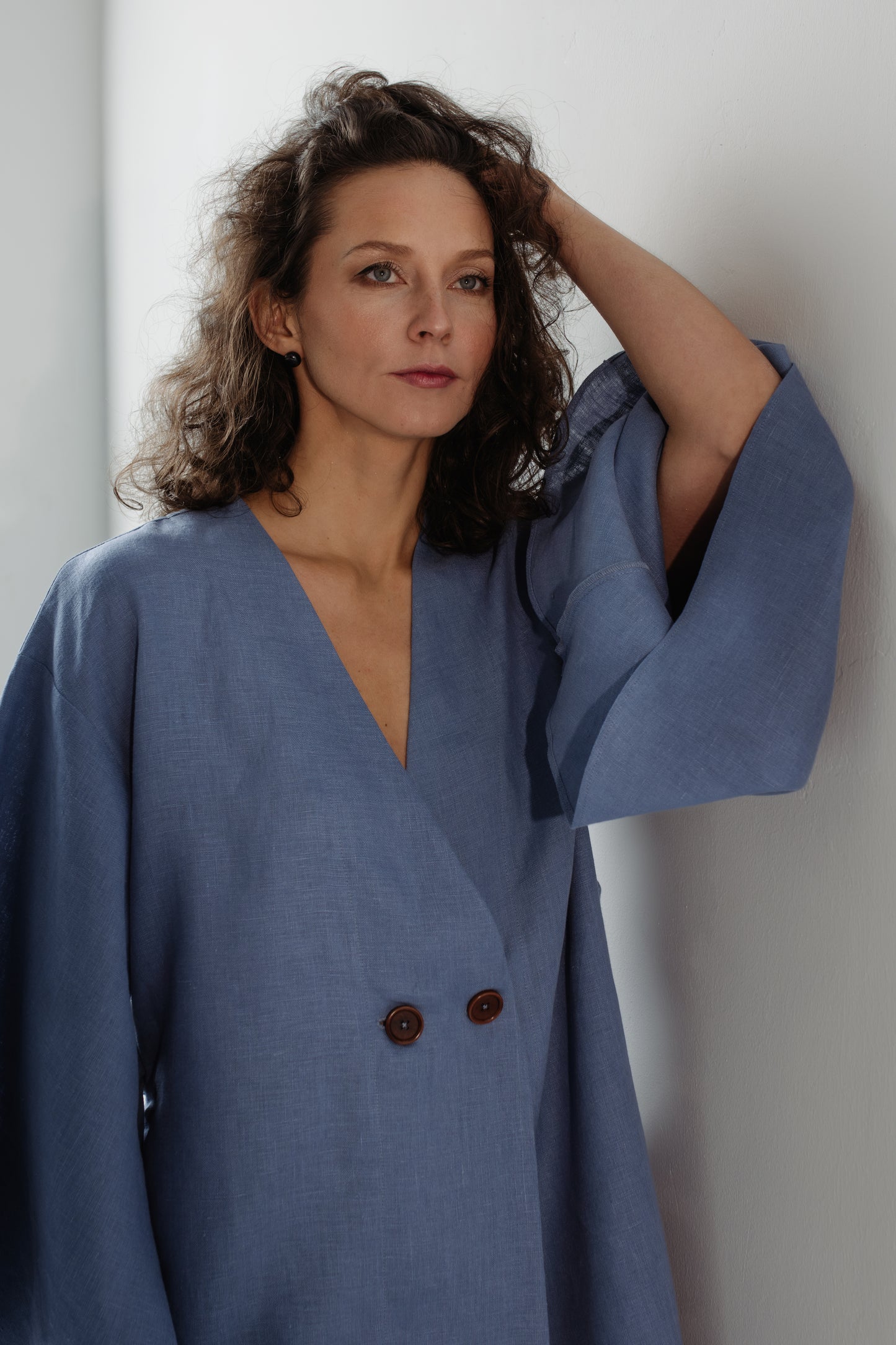 GRACE LINEN MINI ROBE WITH BUTTONS - BLUE