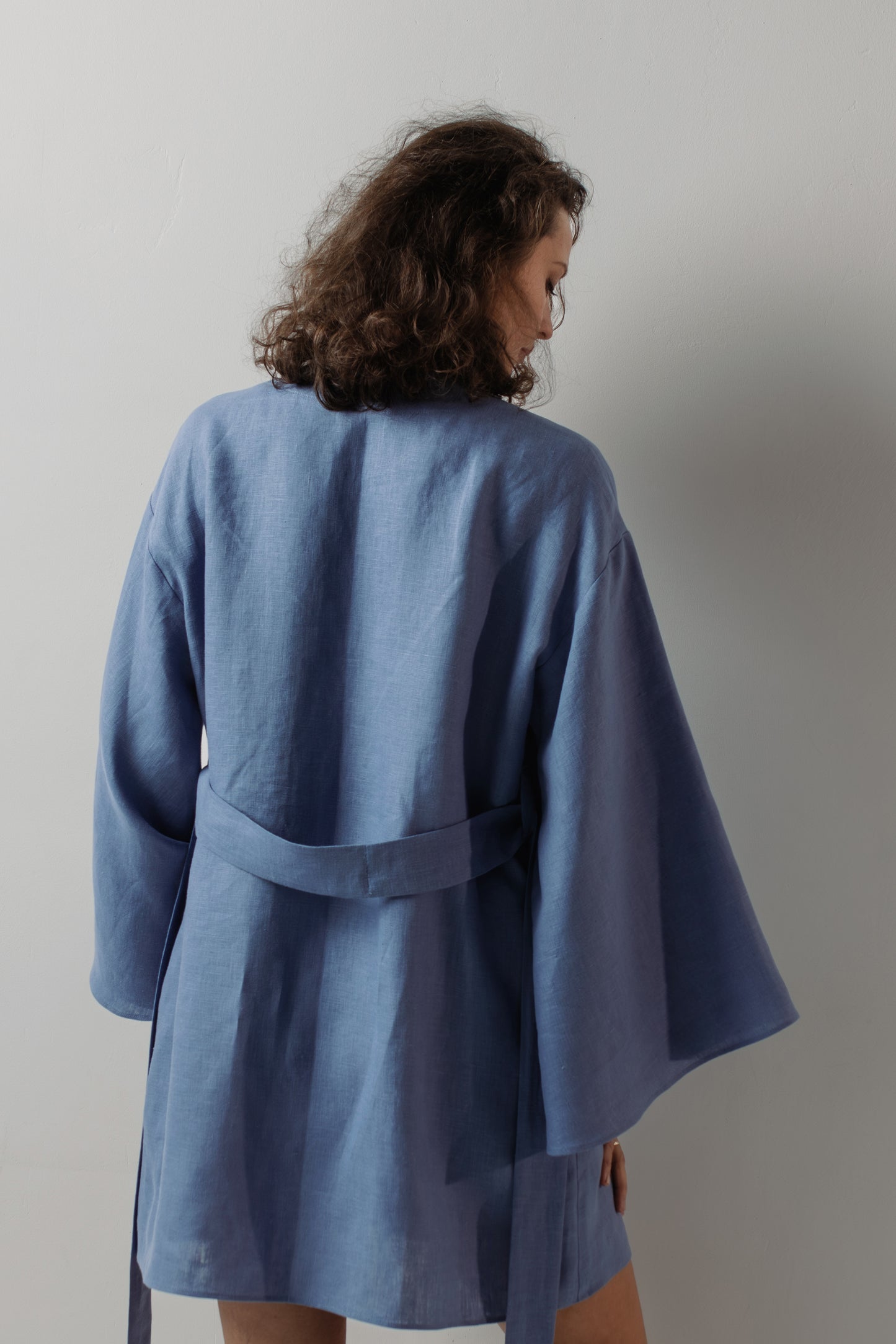GRACE LINEN MINI ROBE WITH BUTTONS - BLUE