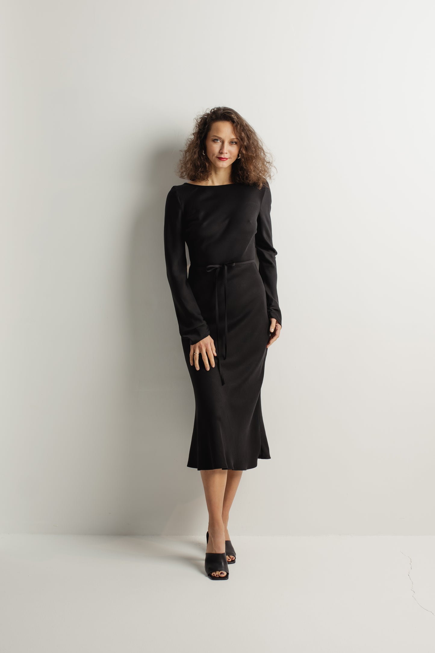 FLORENCE BIAS CUT TENCEL™ MIDI DRESS WITH SLEEVES - BLACK