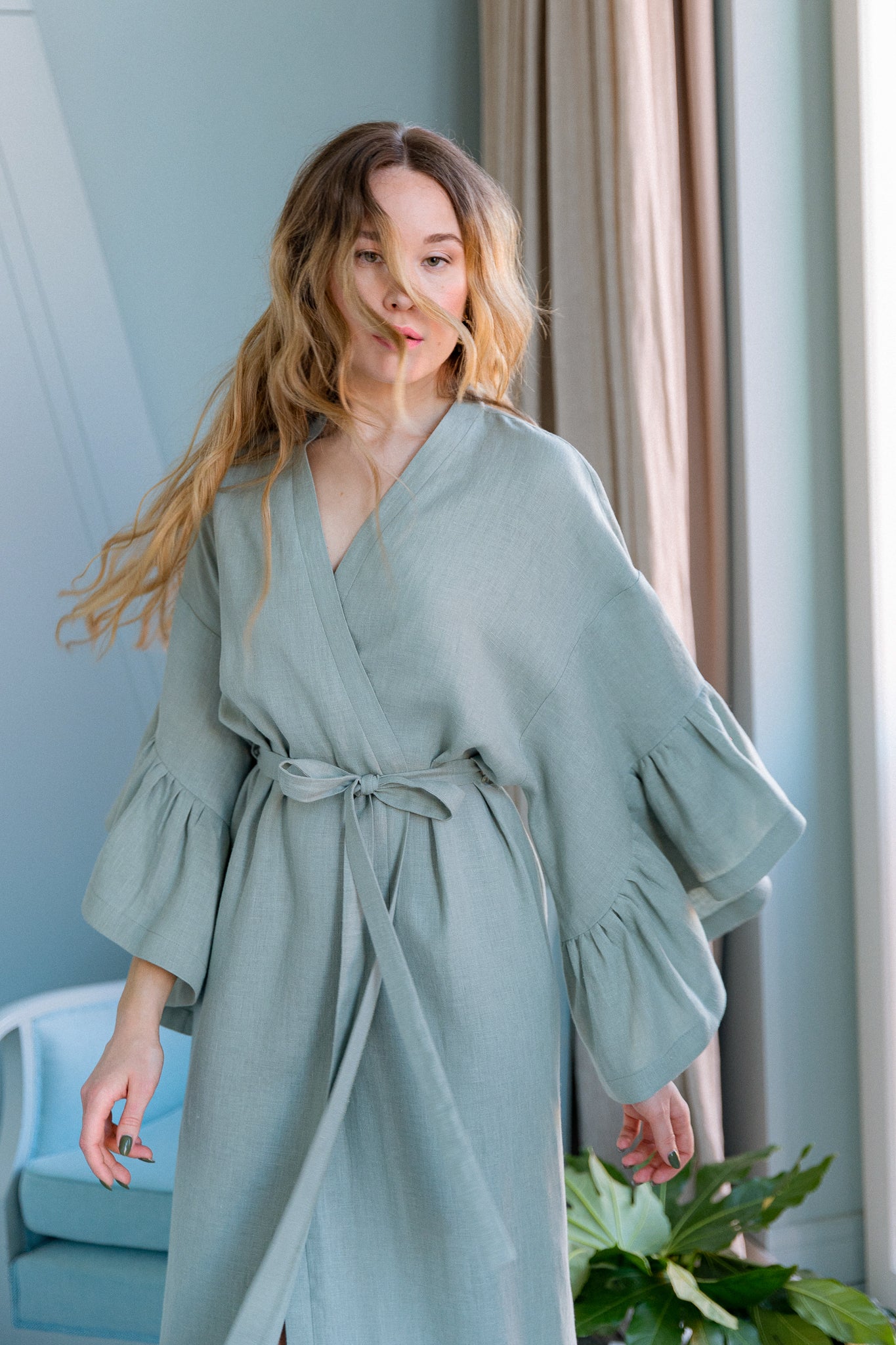 BELLE RUFFLE SLEEVE LINEN MAXI ROBE - MINT GREEN