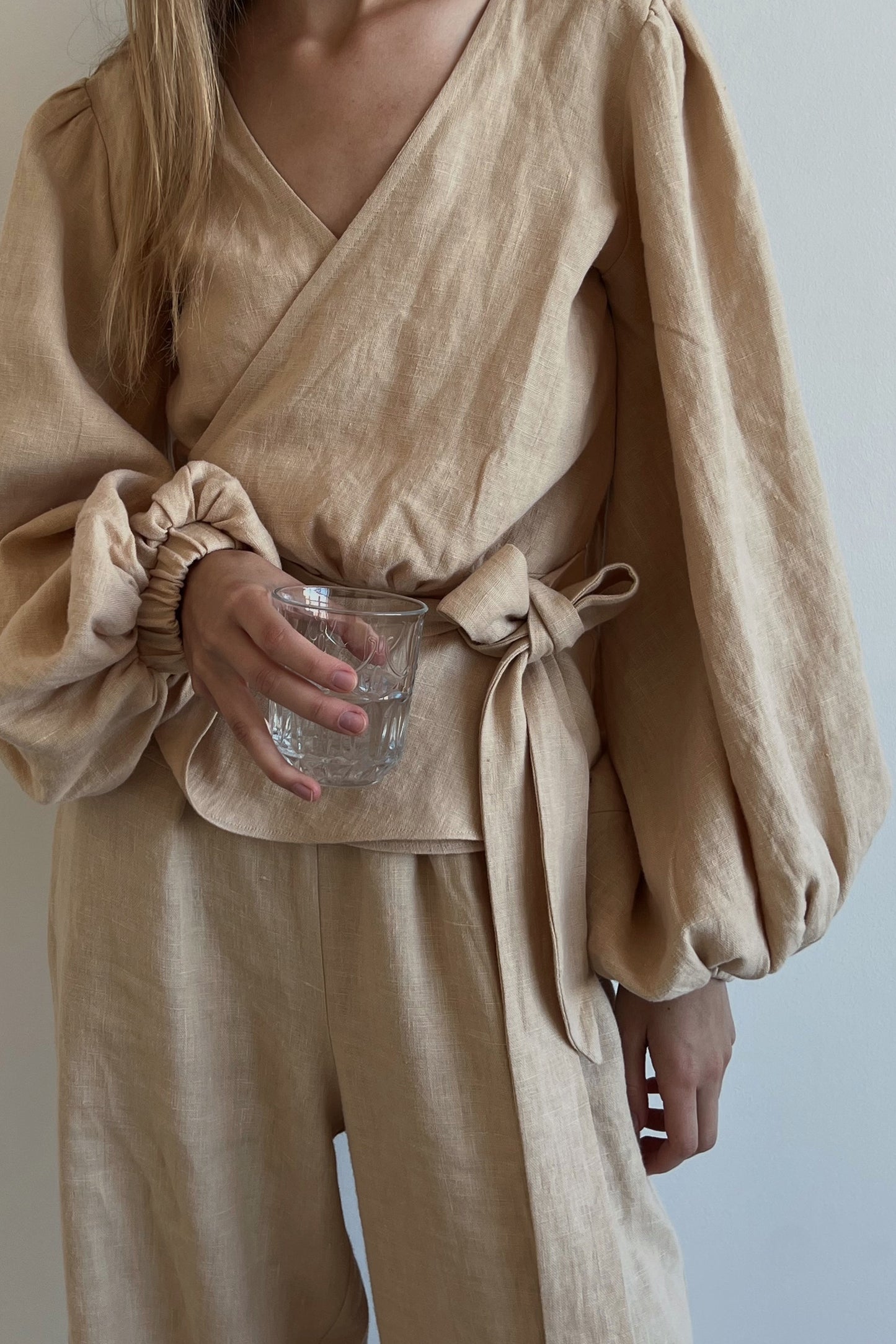 BEATRICE WRAP LINEN BLOUSE - SAND