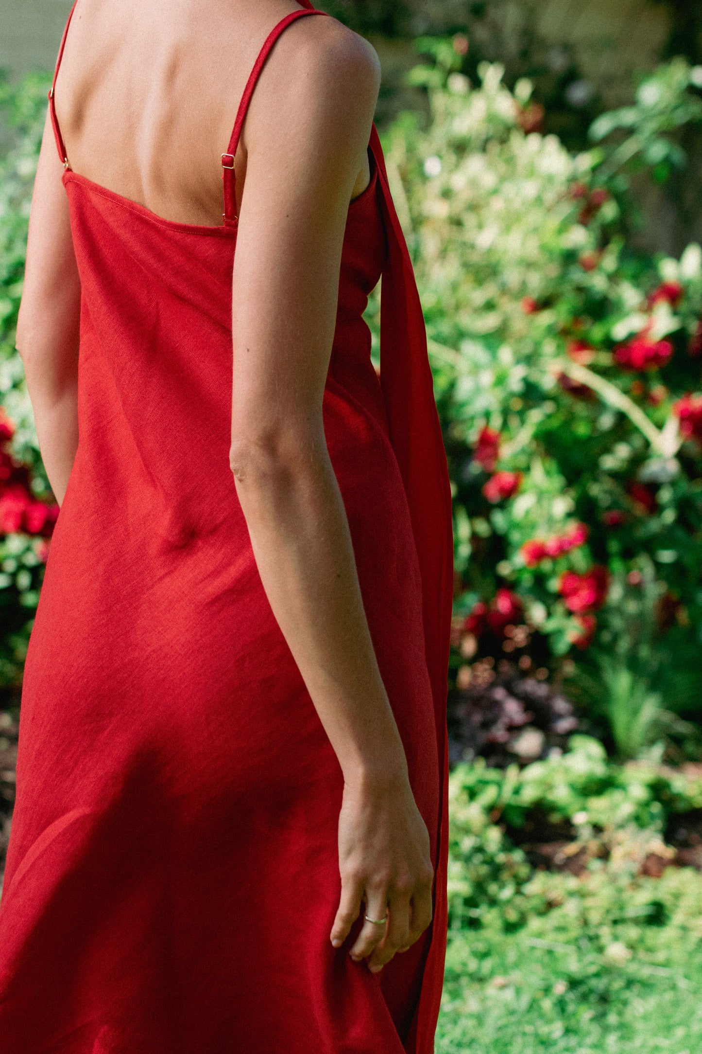 red linen slip dress