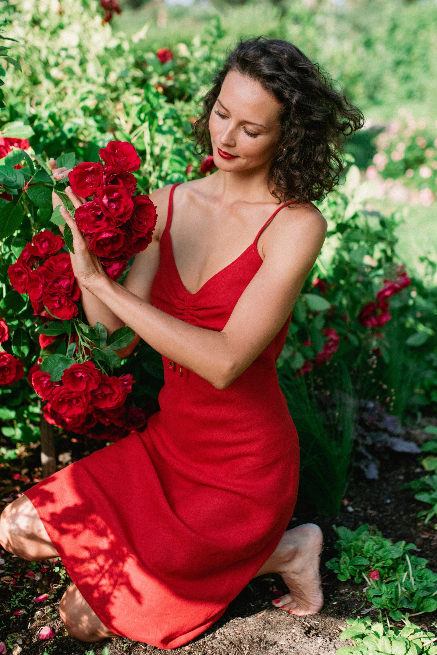 red linen slip dress