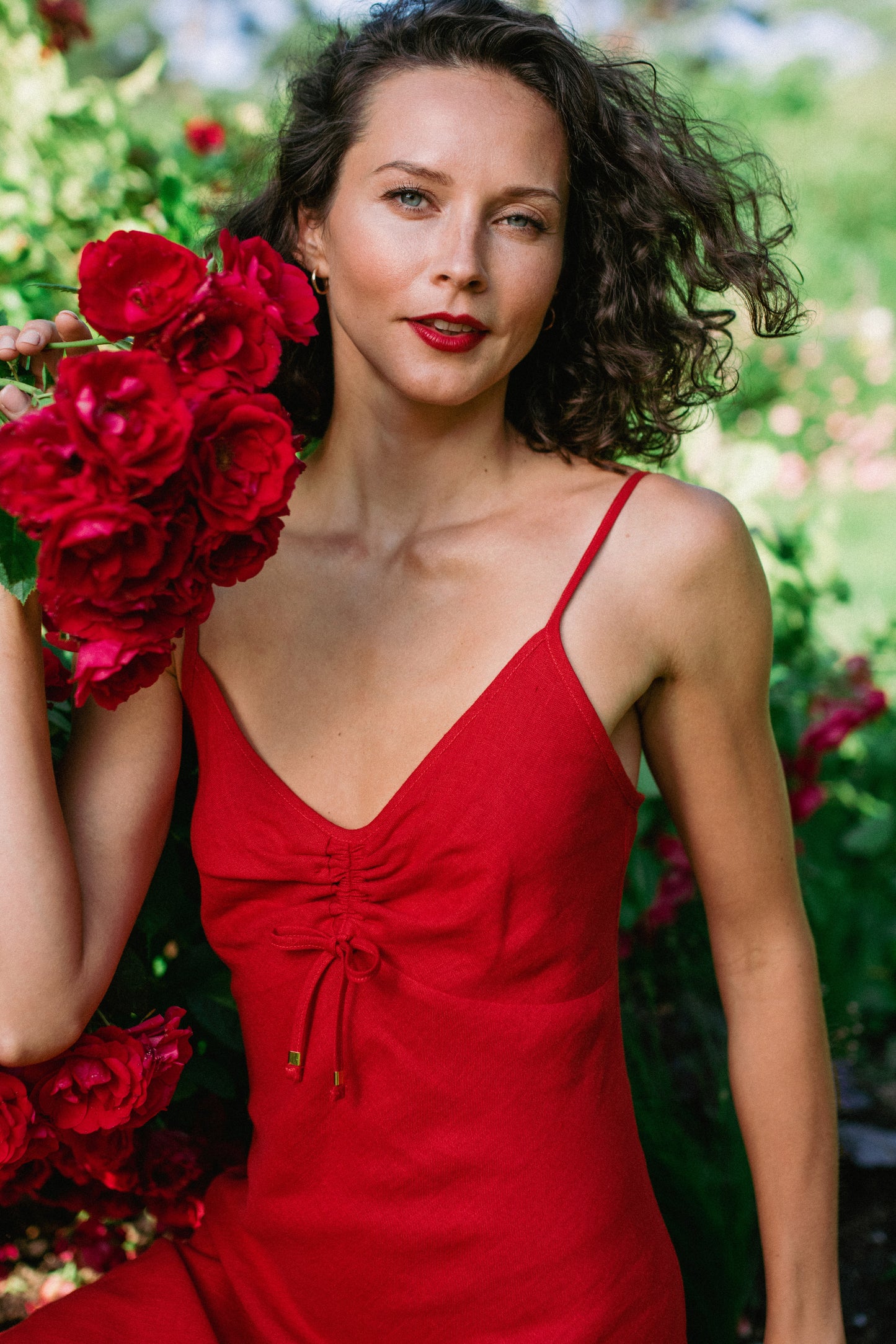 red linen slip dress