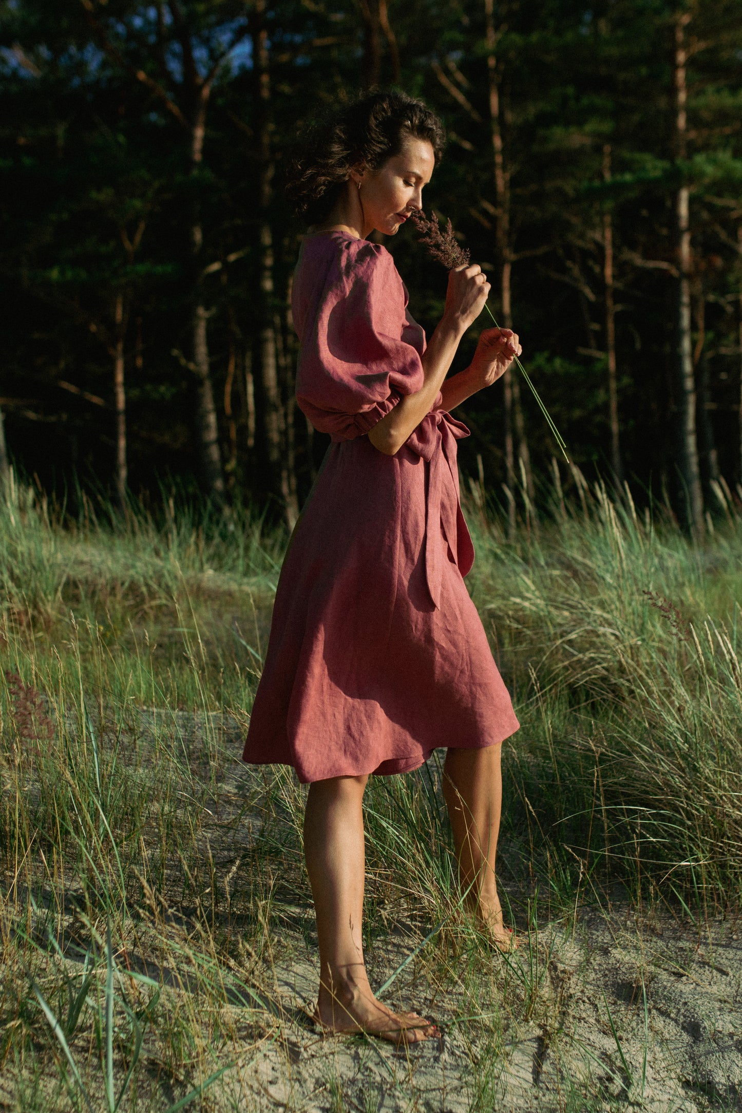 LOLA BALLOON SLEEVE LINEN MIDI WRAP DRESS - ROSE