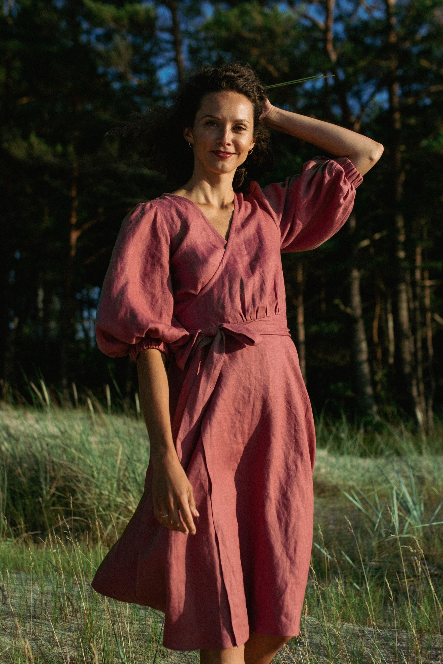 LOLA BALLOON SLEEVE LINEN MIDI WRAP DRESS - ROSE