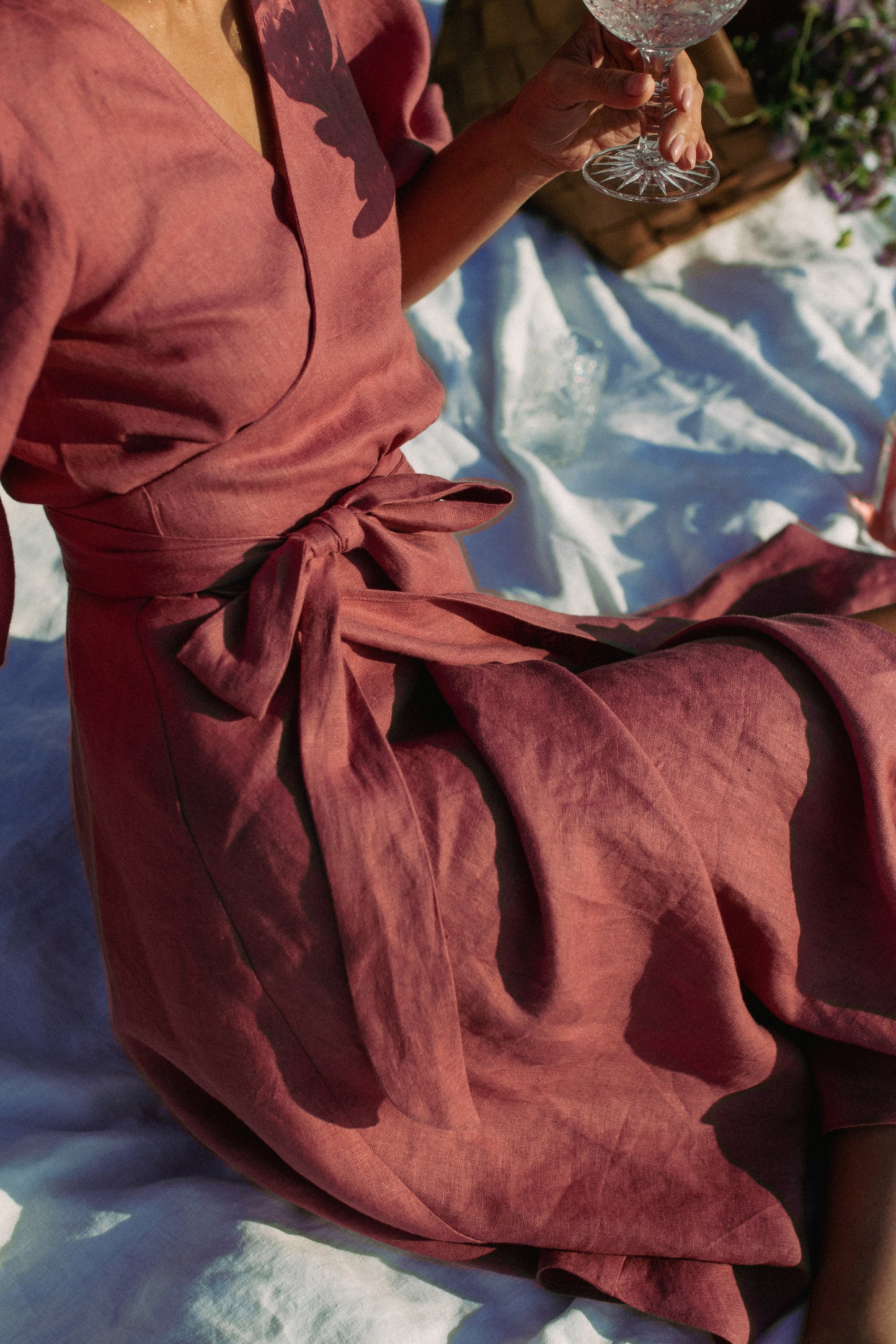 LOLA BALLOON SLEEVE LINEN MIDI WRAP DRESS - ROSE