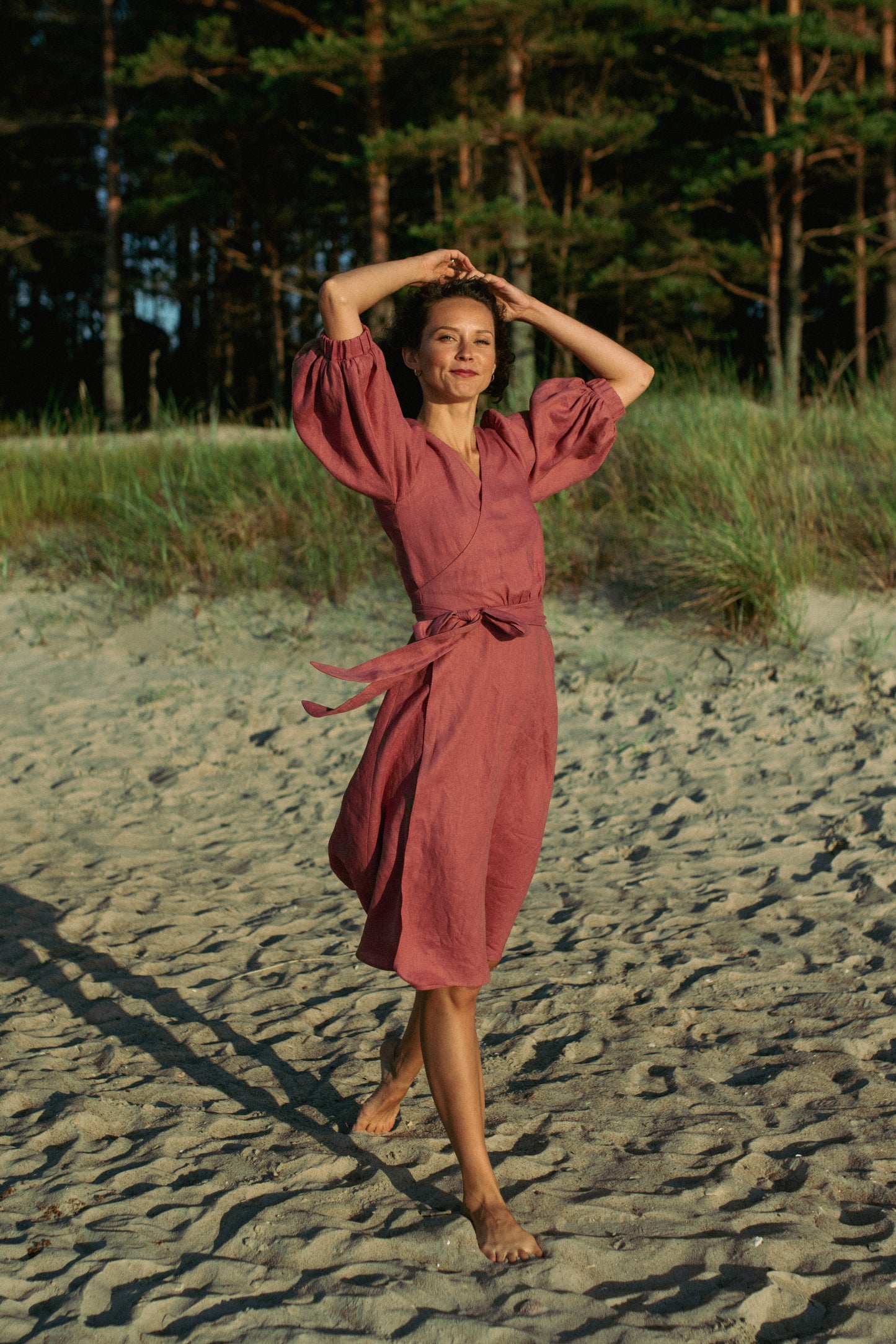 LOLA BALLOON SLEEVE LINEN MIDI WRAP DRESS - ROSE