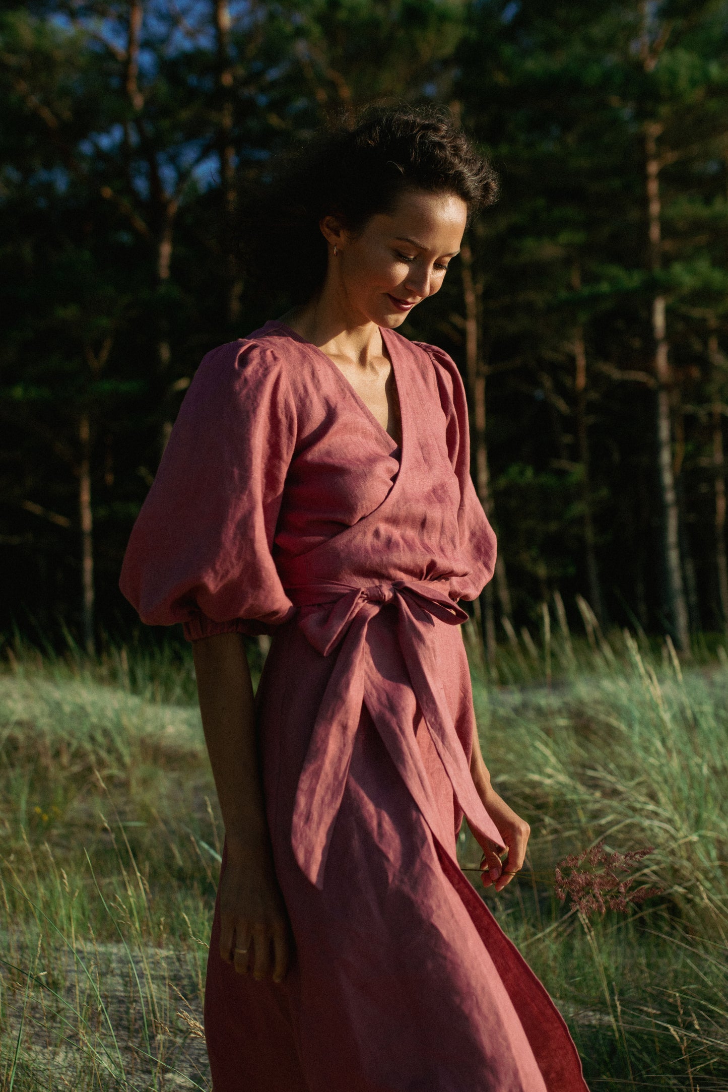 LOLA BALLOON SLEEVE LINEN MIDI WRAP DRESS - ROSE