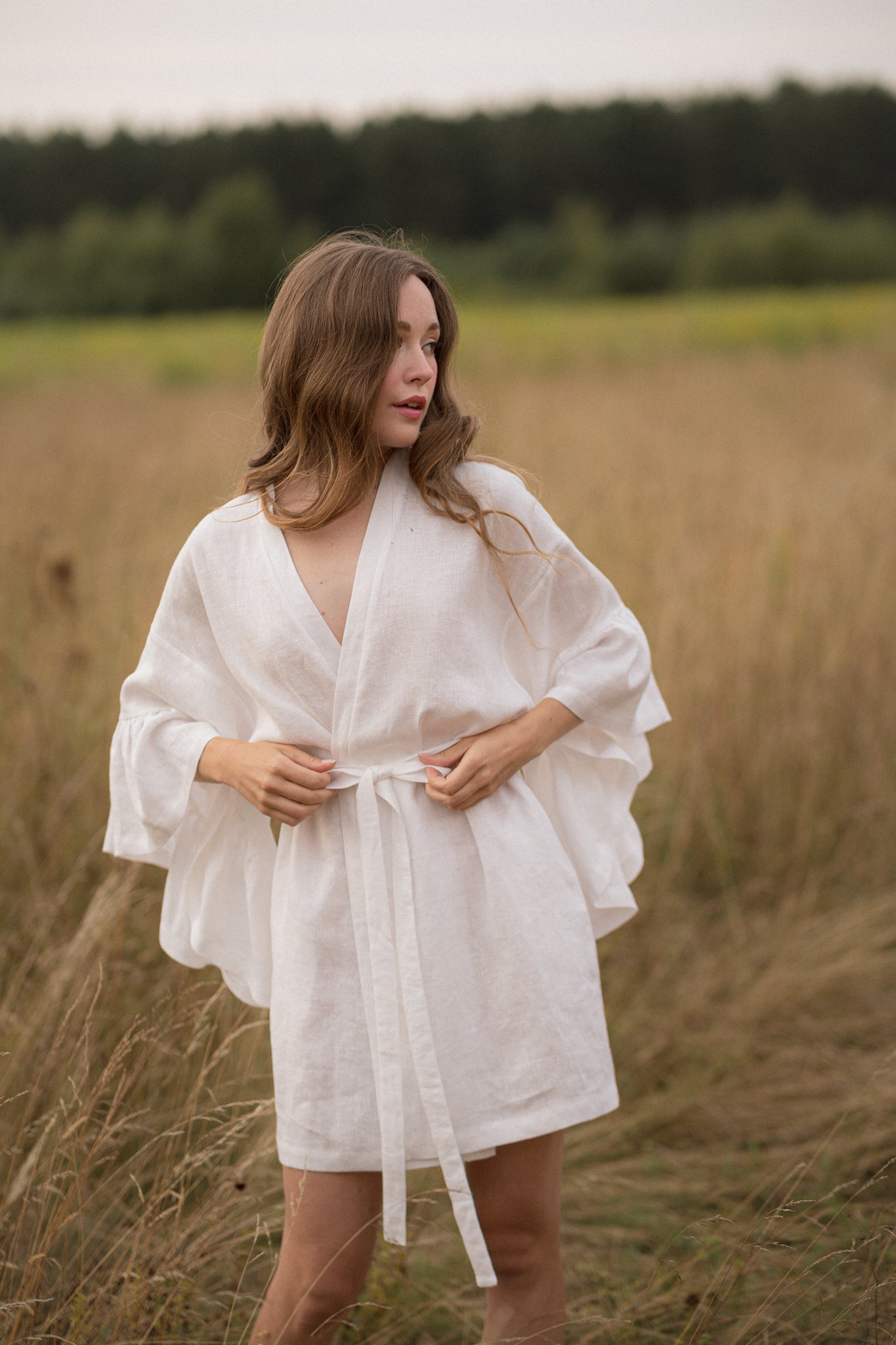 BELLE RUFFLE SLEEVE IVORY LINEN MINI ROBE